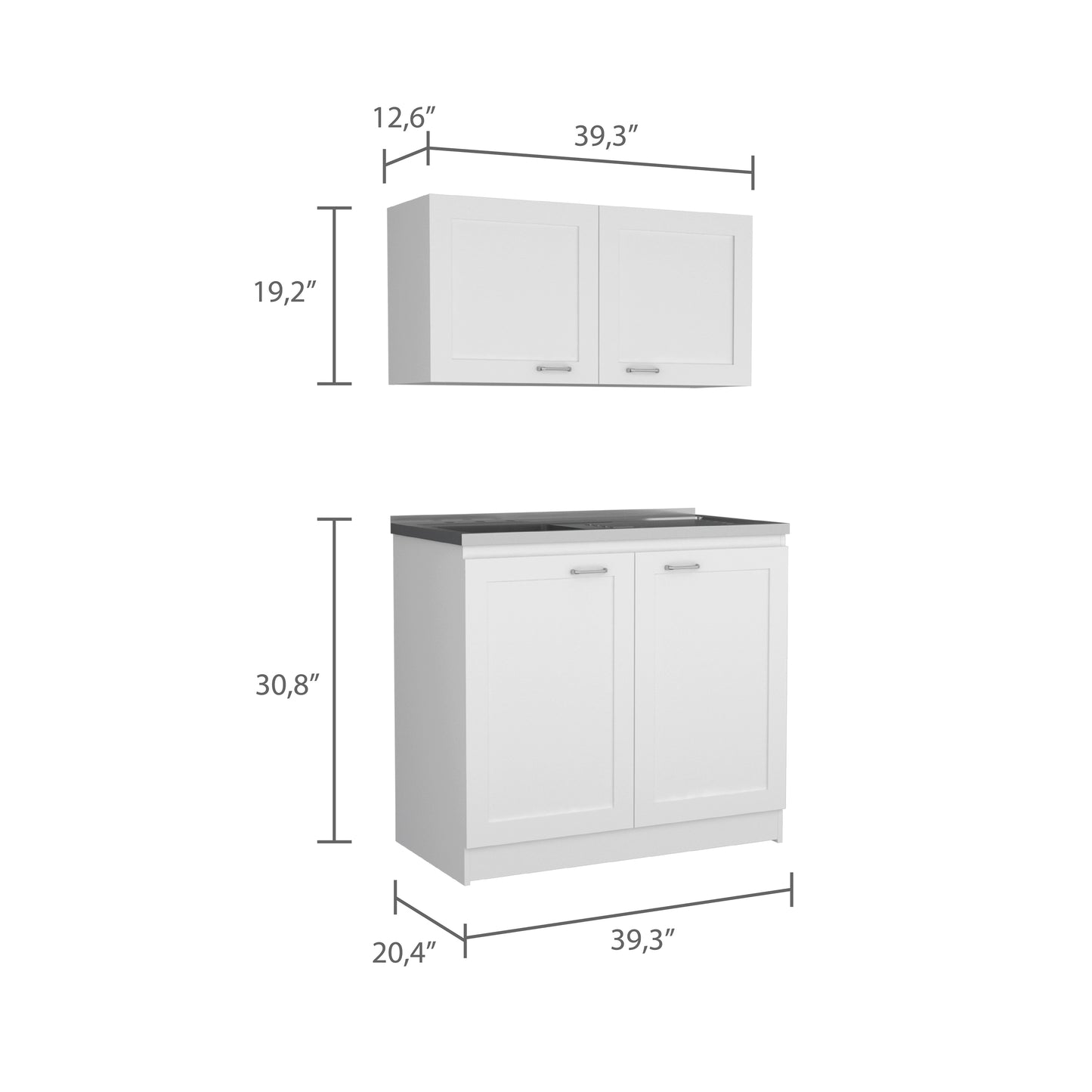 White shakerstyle kitchen cabinet set with two upper cabinets and a base cabinet featuring silver hardware