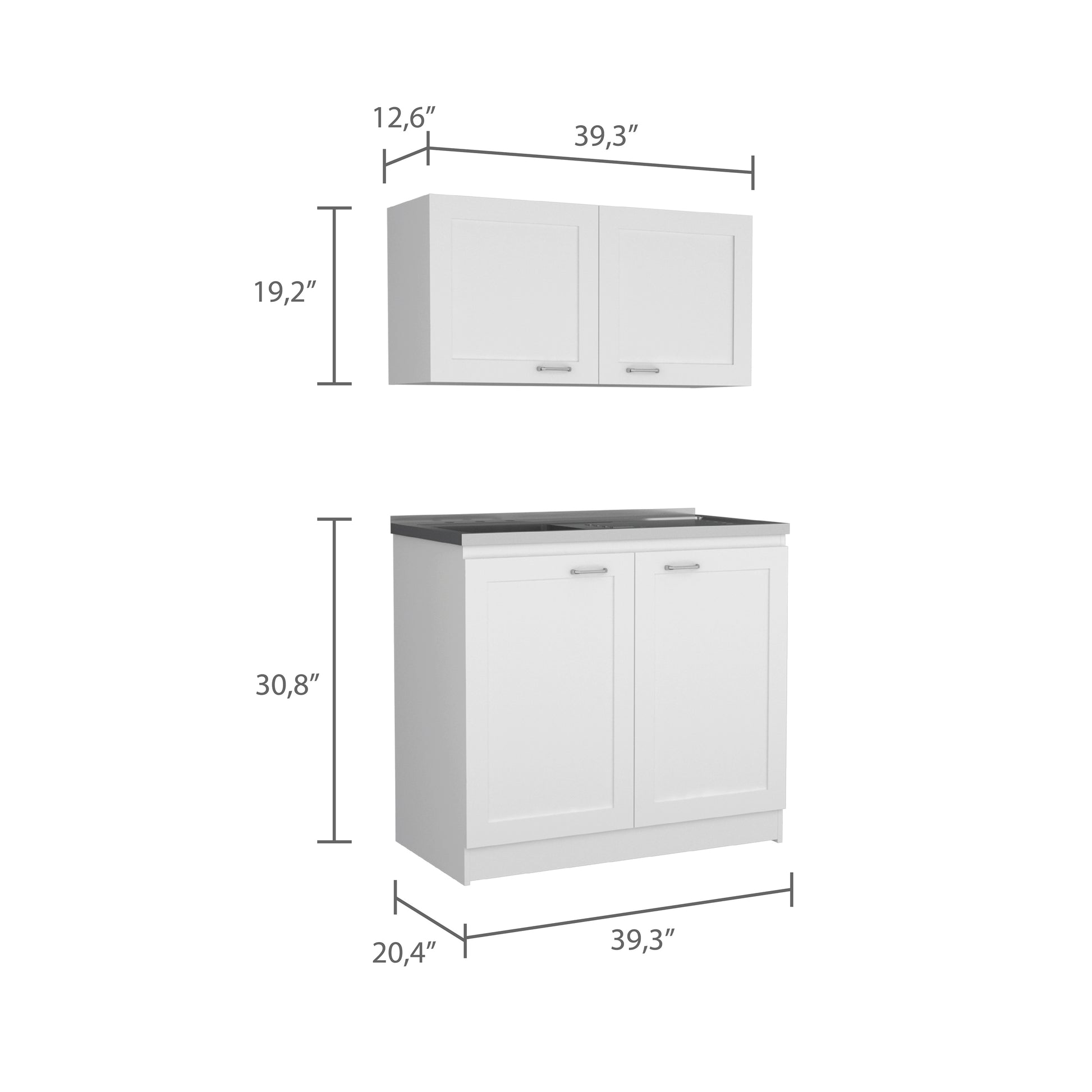 White shakerstyle kitchen cabinet set with two upper cabinets and a base cabinet featuring silver hardware