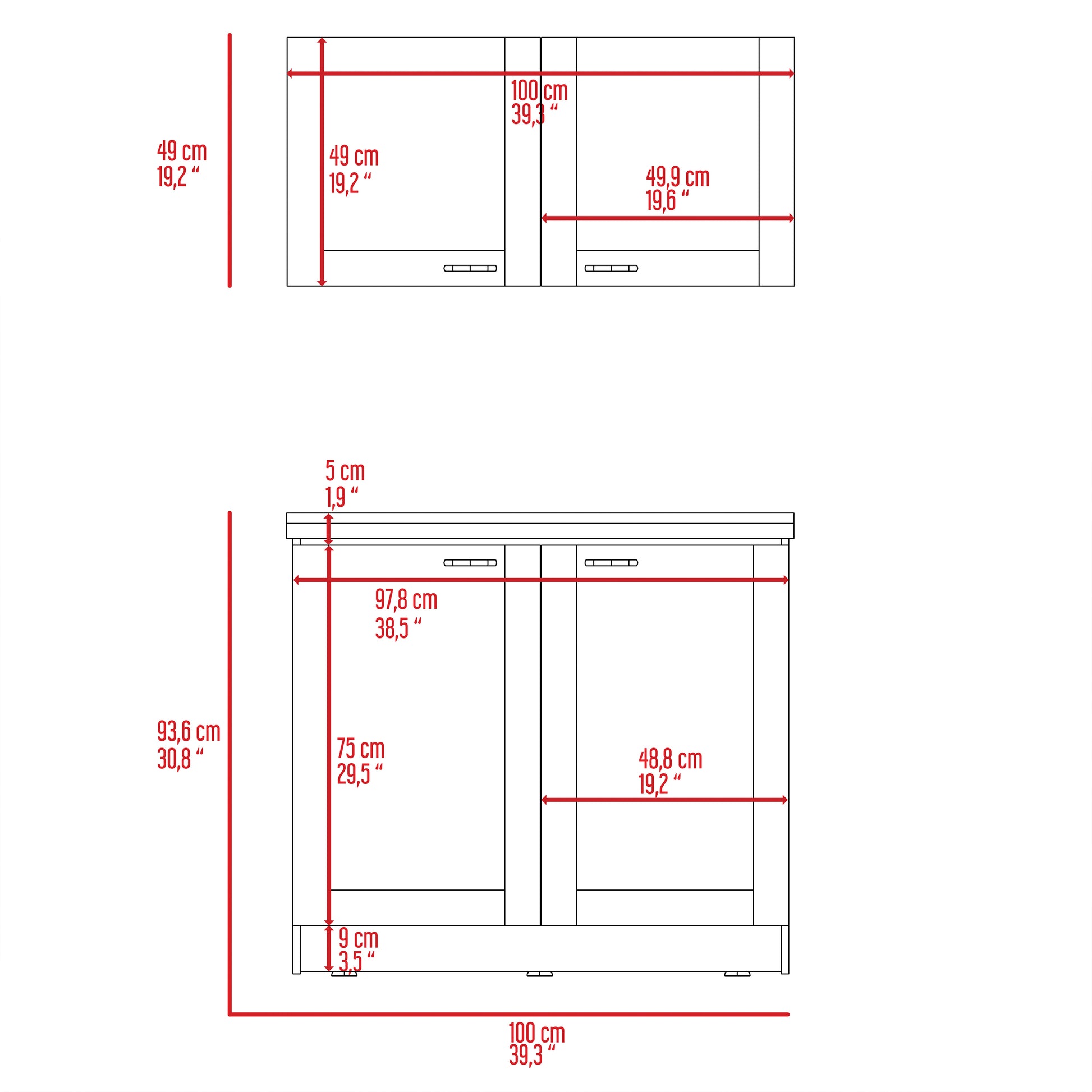Dimensions diagram for a  cm wide vanity unit with drawers and cabinets
