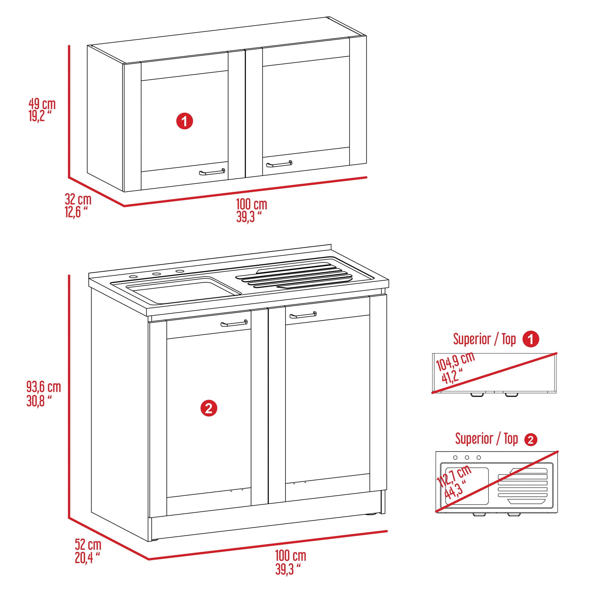Kitchen cabinet with two doors and silver handles  cm wide white finish