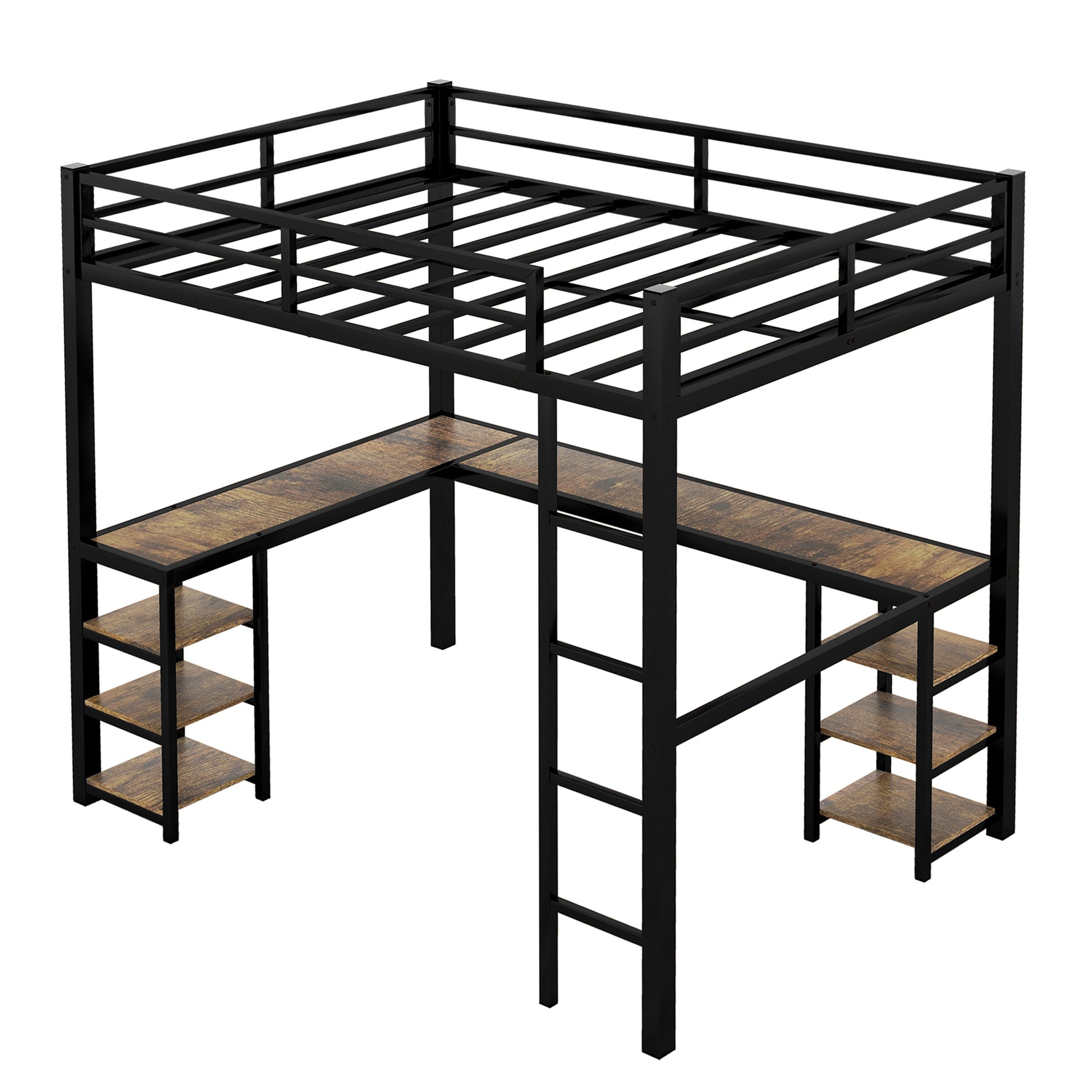 Black metal loft bed with wood grain desk and shelves