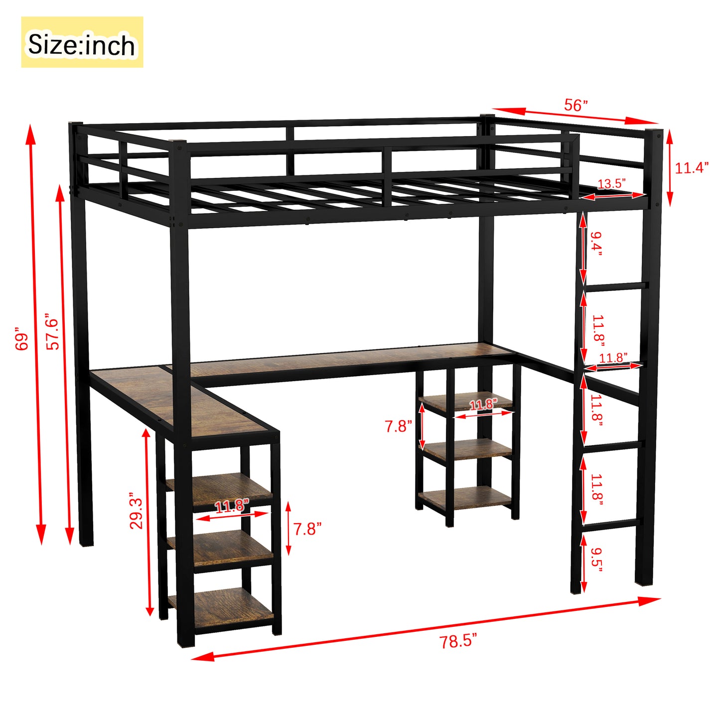 Black metal loft bed with desk and shelves