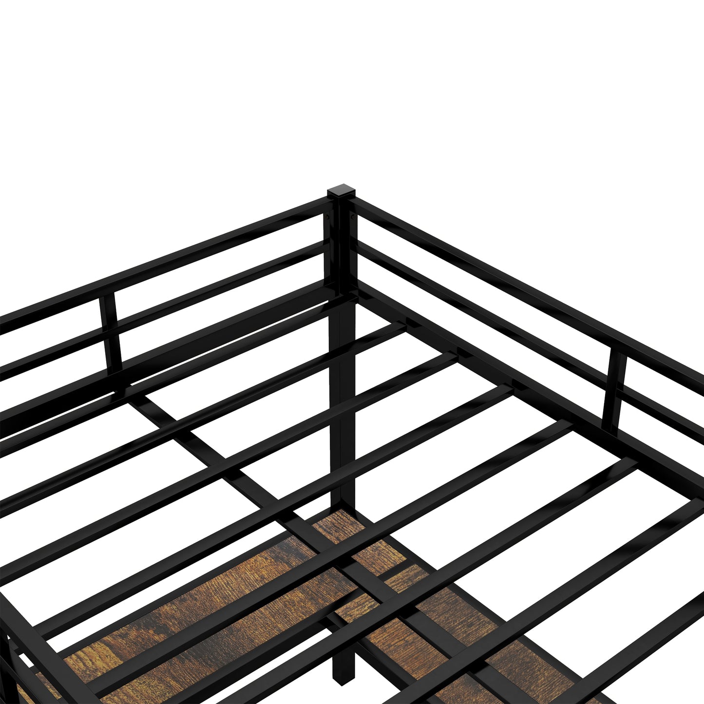 Black metal bed frame with wood planks