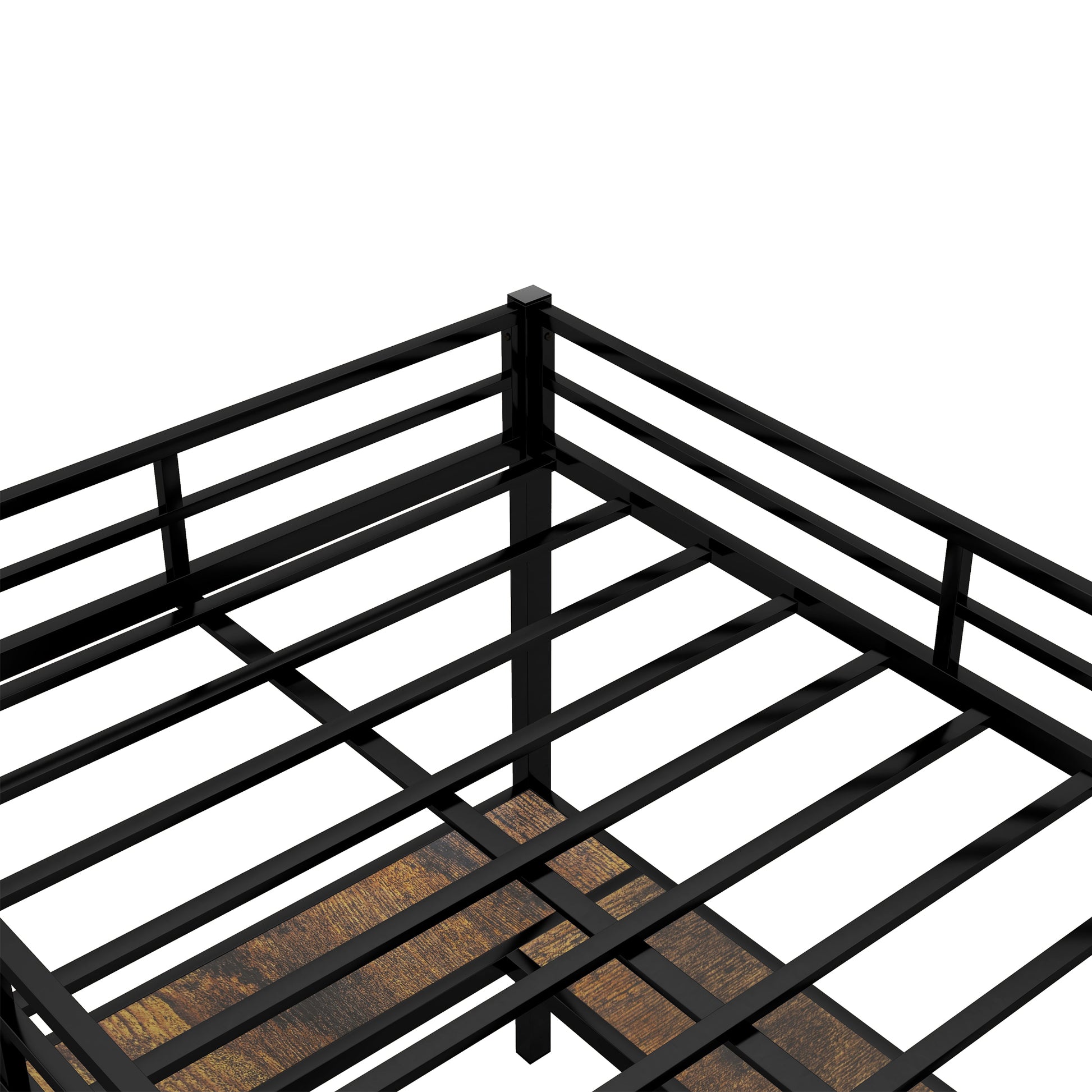 Black metal bed frame with wood planks