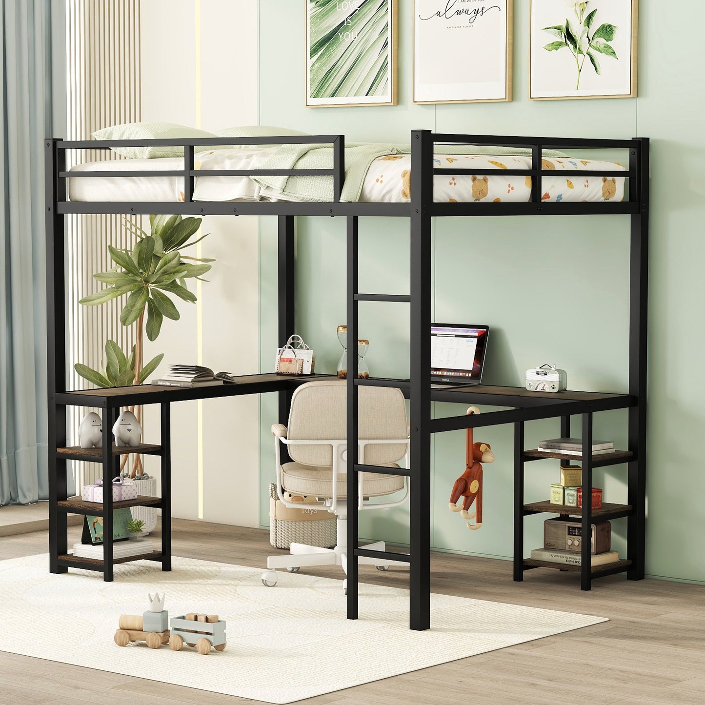 TREATLIFE HOME Full Metal Loft Bed with L-Shaped Desk and Storage Shelves, Space-Saving Design, Sturdy Black Frame