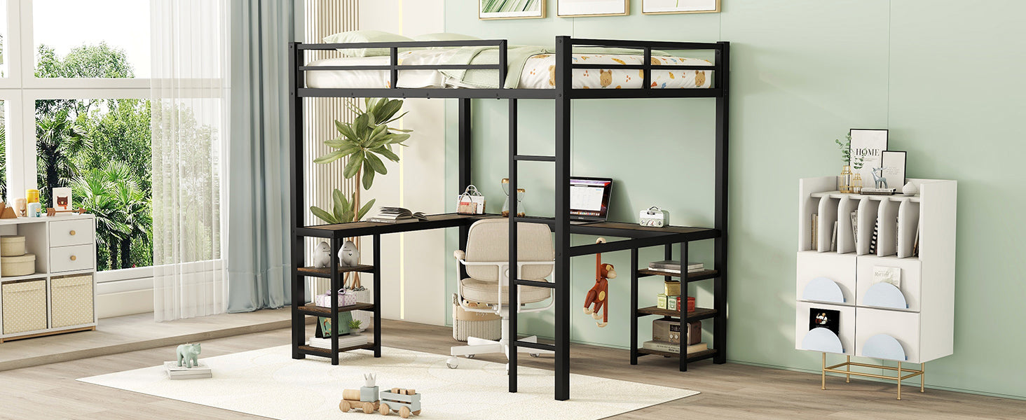Black metal loft bed with Lshaped desk and integrated shelving