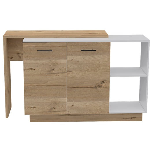 Modern buffet cabinet with oak wood veneer and white shelving two drawers and two cabinet doors