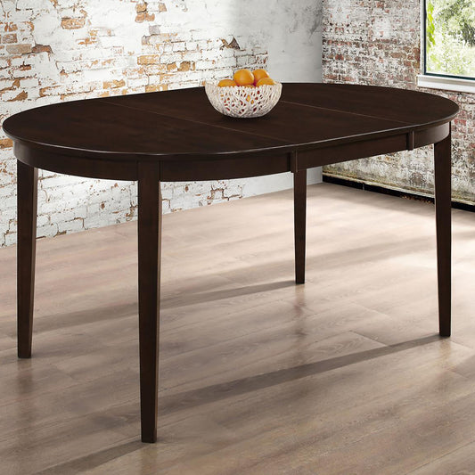 Dark brown oval dining table with a drop leaf extension perfect for small spaces