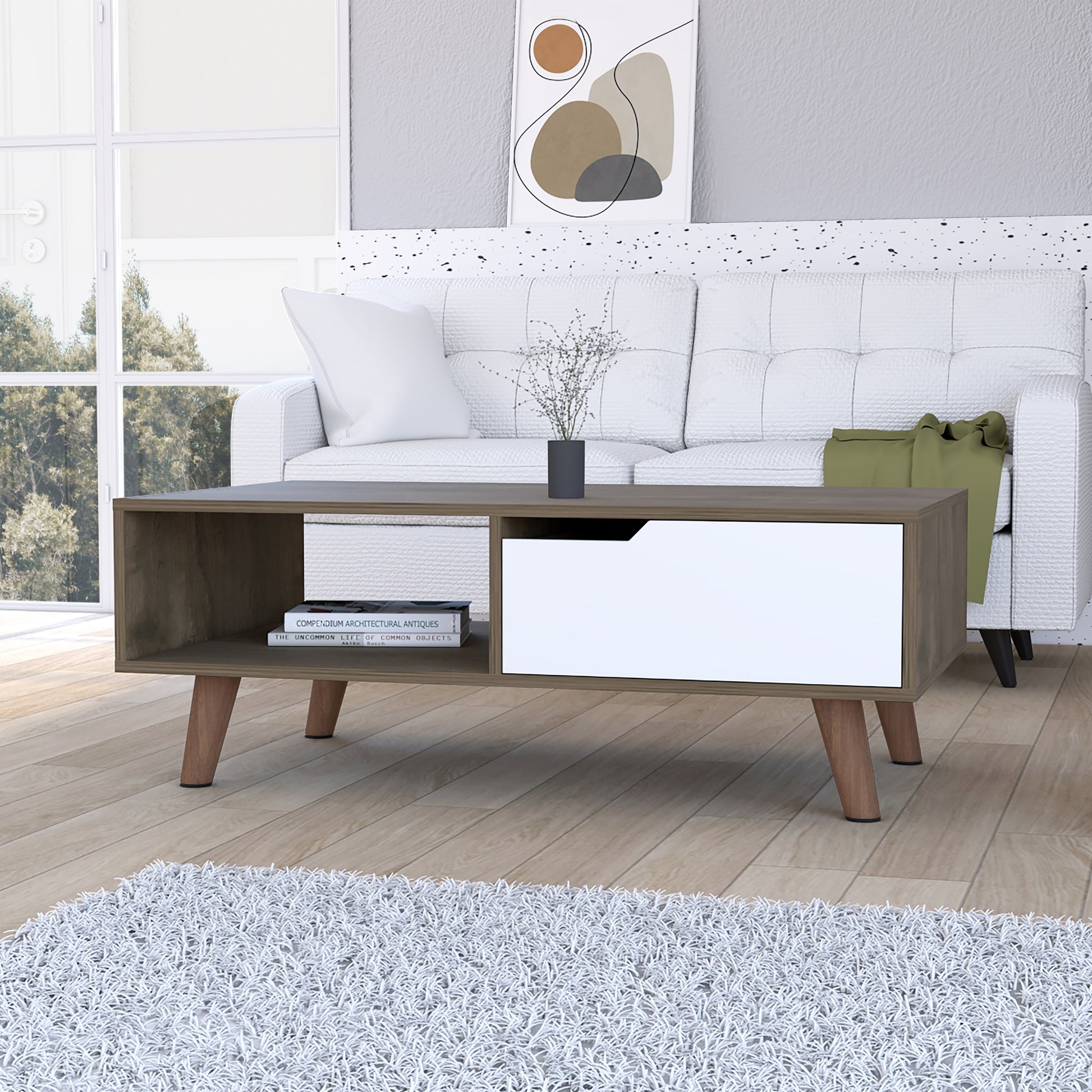 Modern wooden coffee table with a white drawer and open shelf