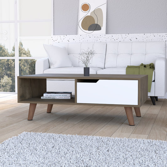 Modern wooden coffee table with a white drawer and open shelf