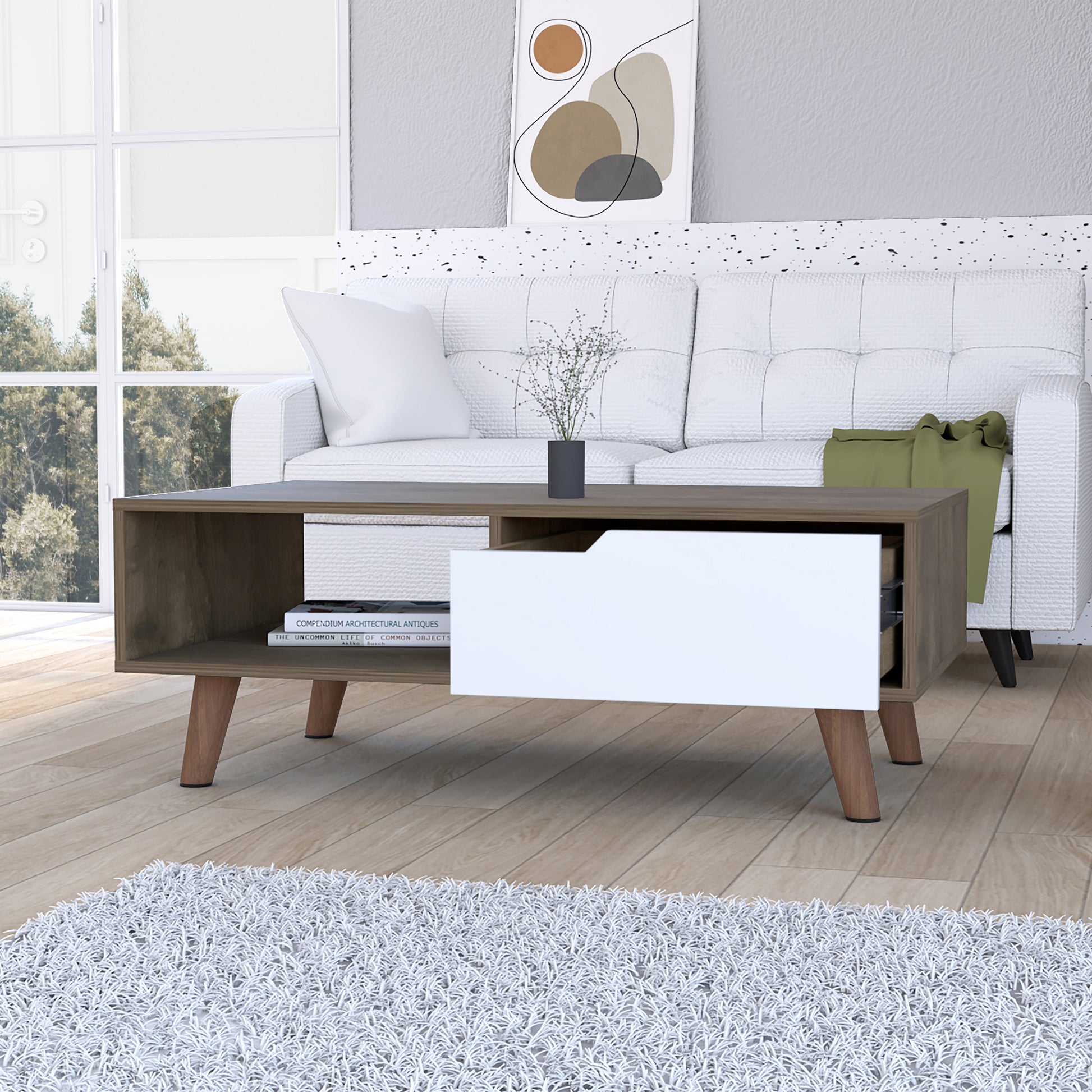 Midcentury modern coffee table with dark wood veneer white drawer and tapered legs