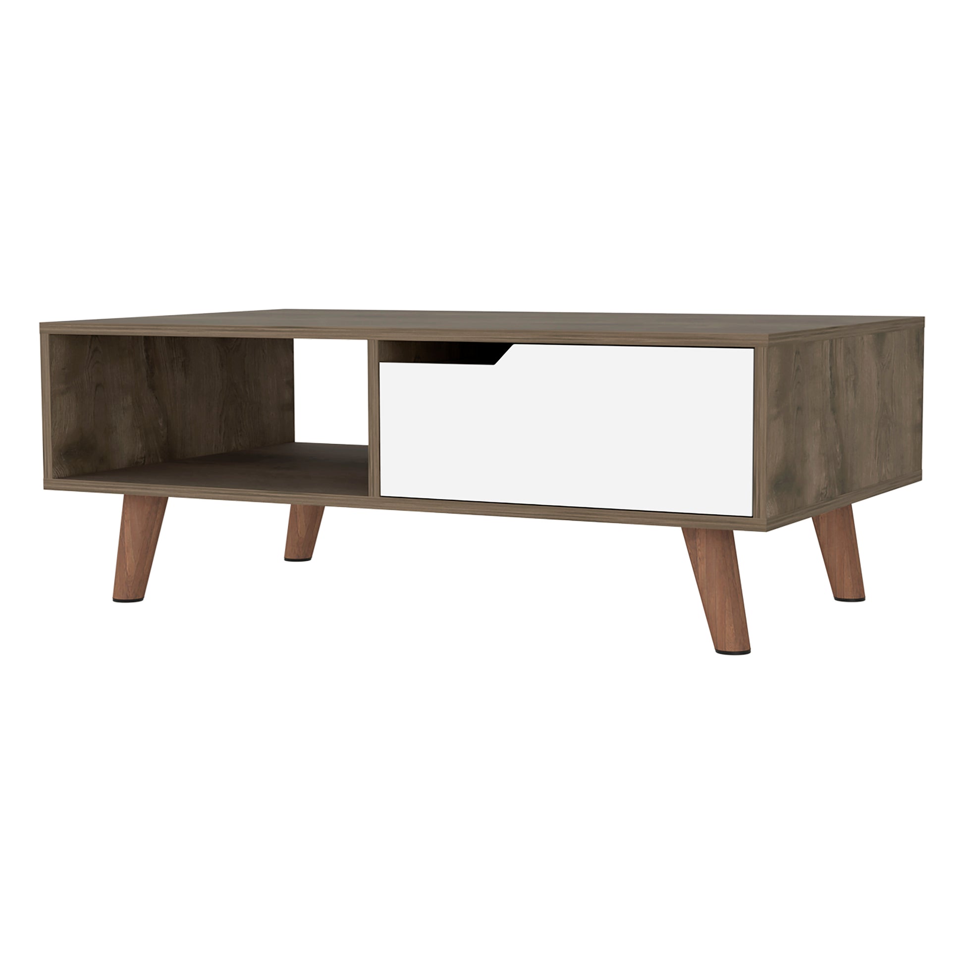 Modern brown wood coffee table with white drawer and angled legs