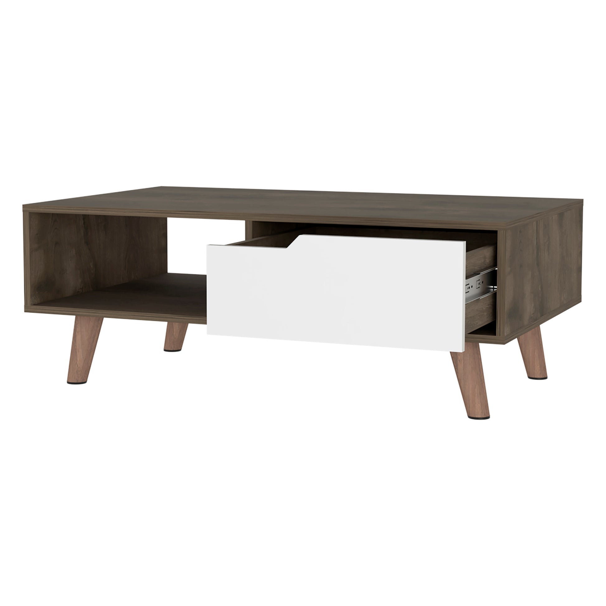 Modern coffee table with dark wood finish and a single white drawer perfect for living rooms