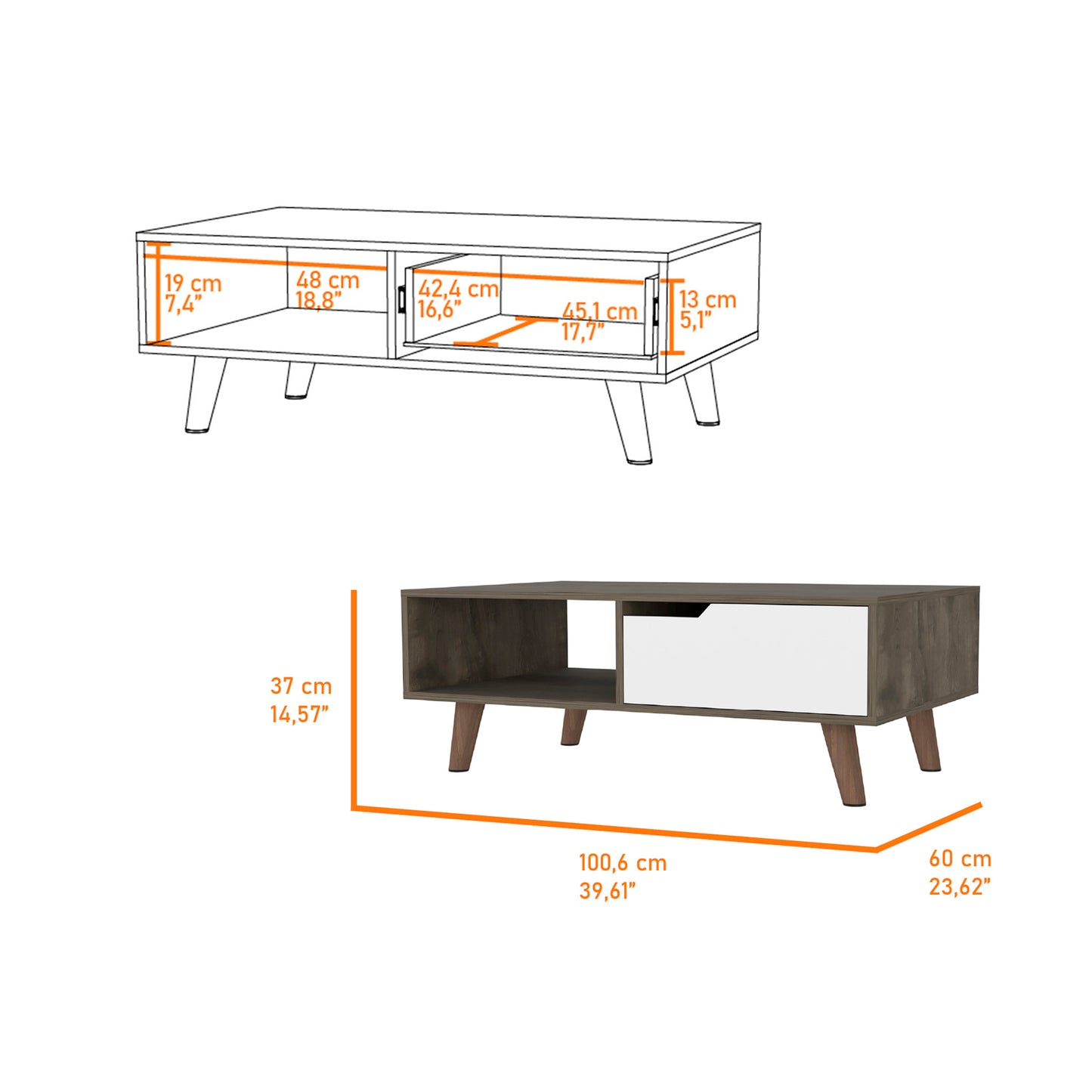 Modern coffee table with dark wood finish white drawer and tapered legs