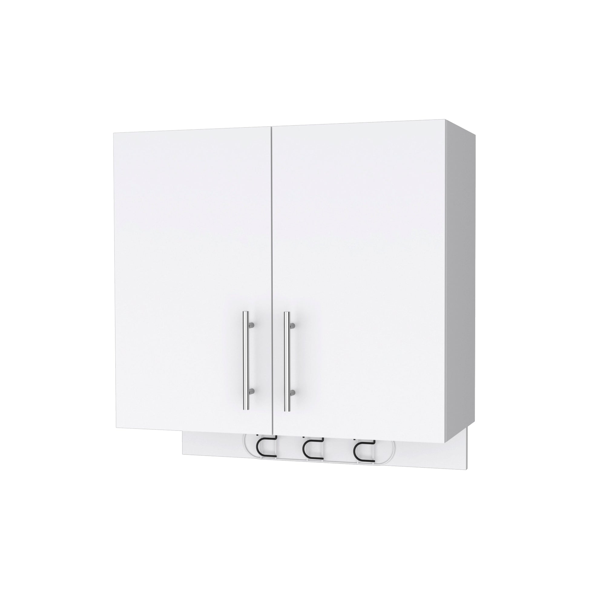 White wall cabinet with two doors and chrome handles ideal for kitchens