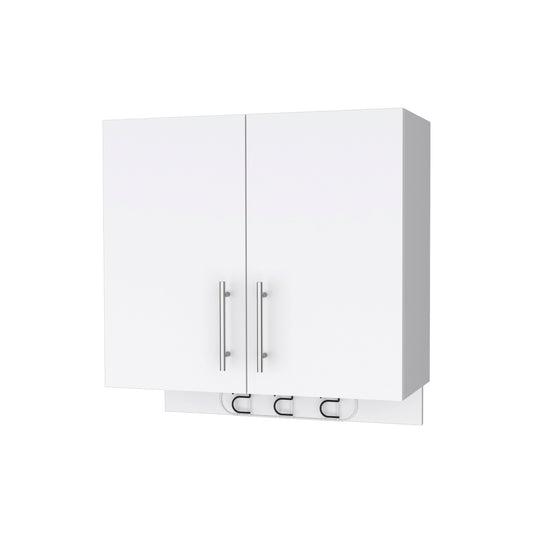 White wall cabinet with two doors and chrome handles ideal for kitchens