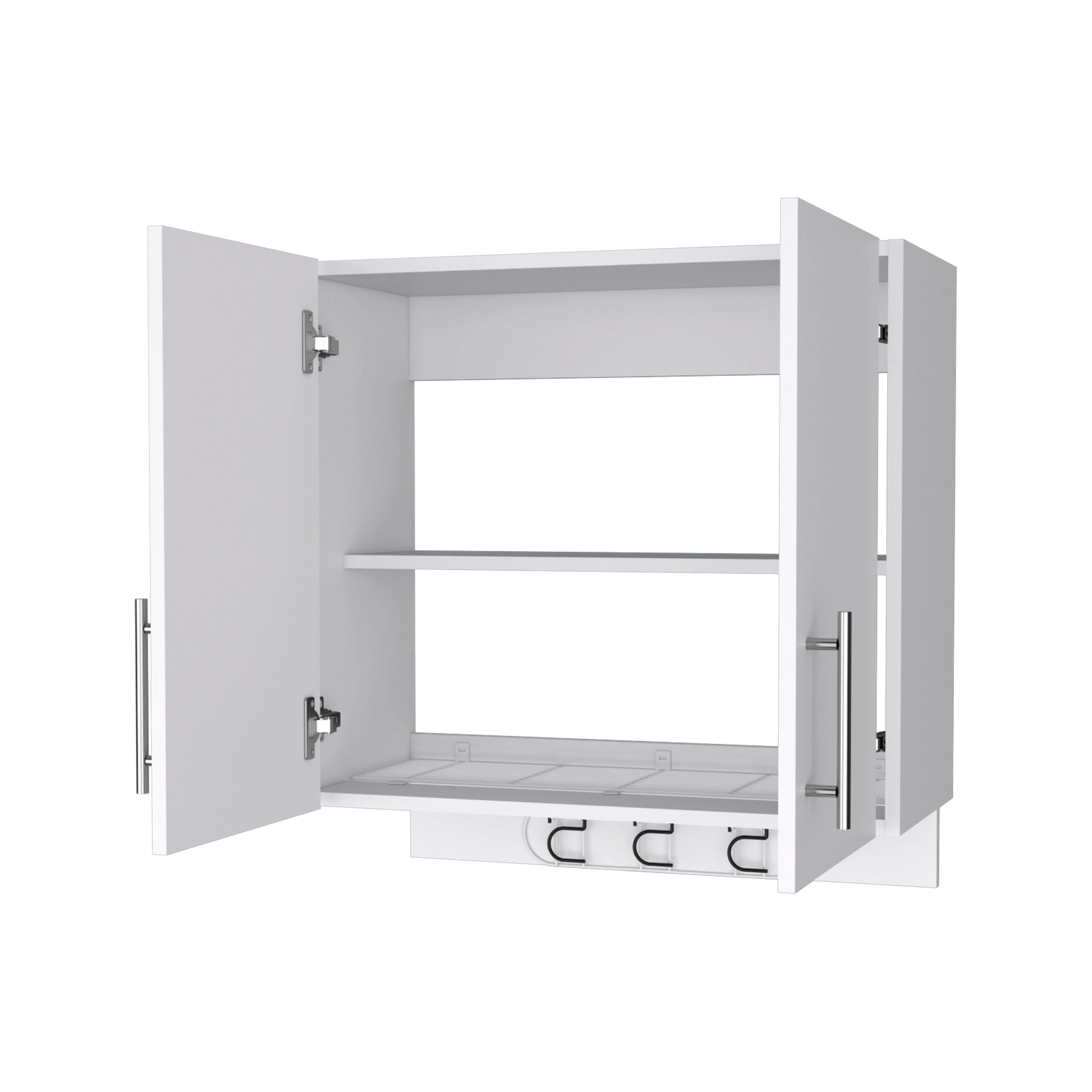 White modern wall cabinet with two open doors silver handles and interior shelves