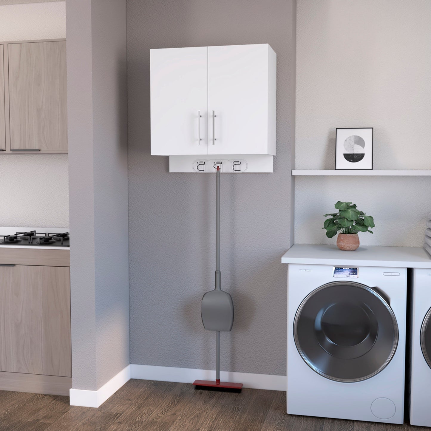 White wallmounted laundry cabinet with integrated broom holder