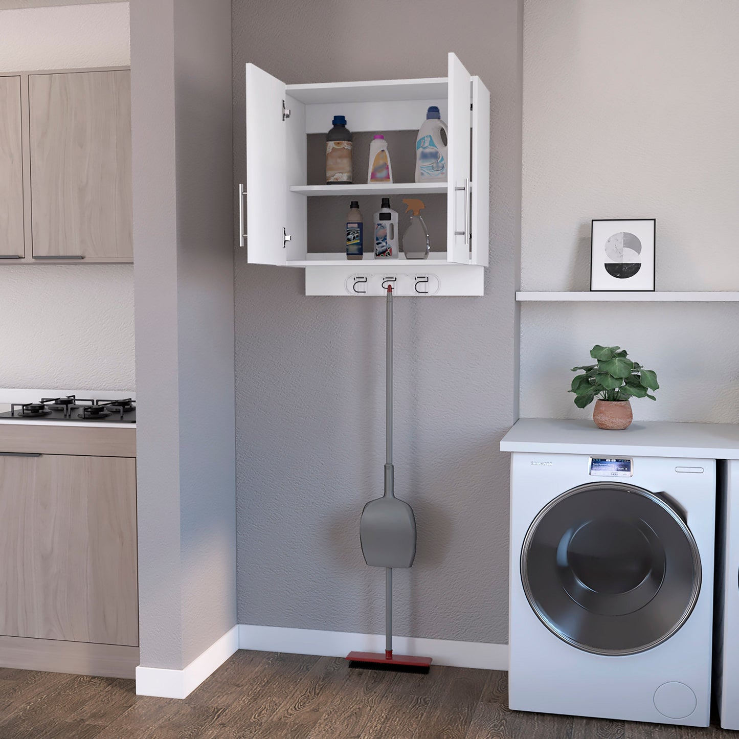 White wallmounted cabinet filled with laundry detergent bottles and cleaning supplies