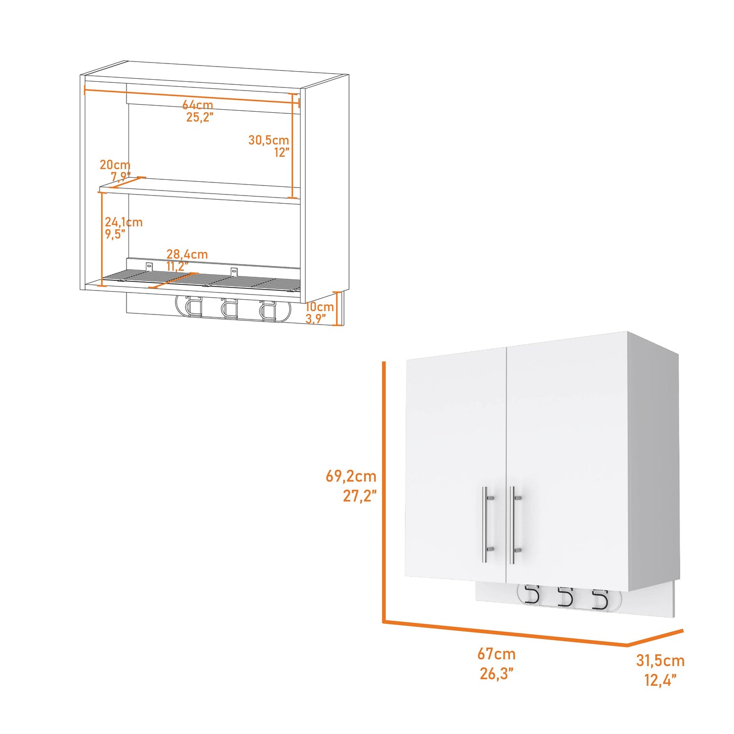 White wall cabinet with double doors and integrated hooks for kitchen storage