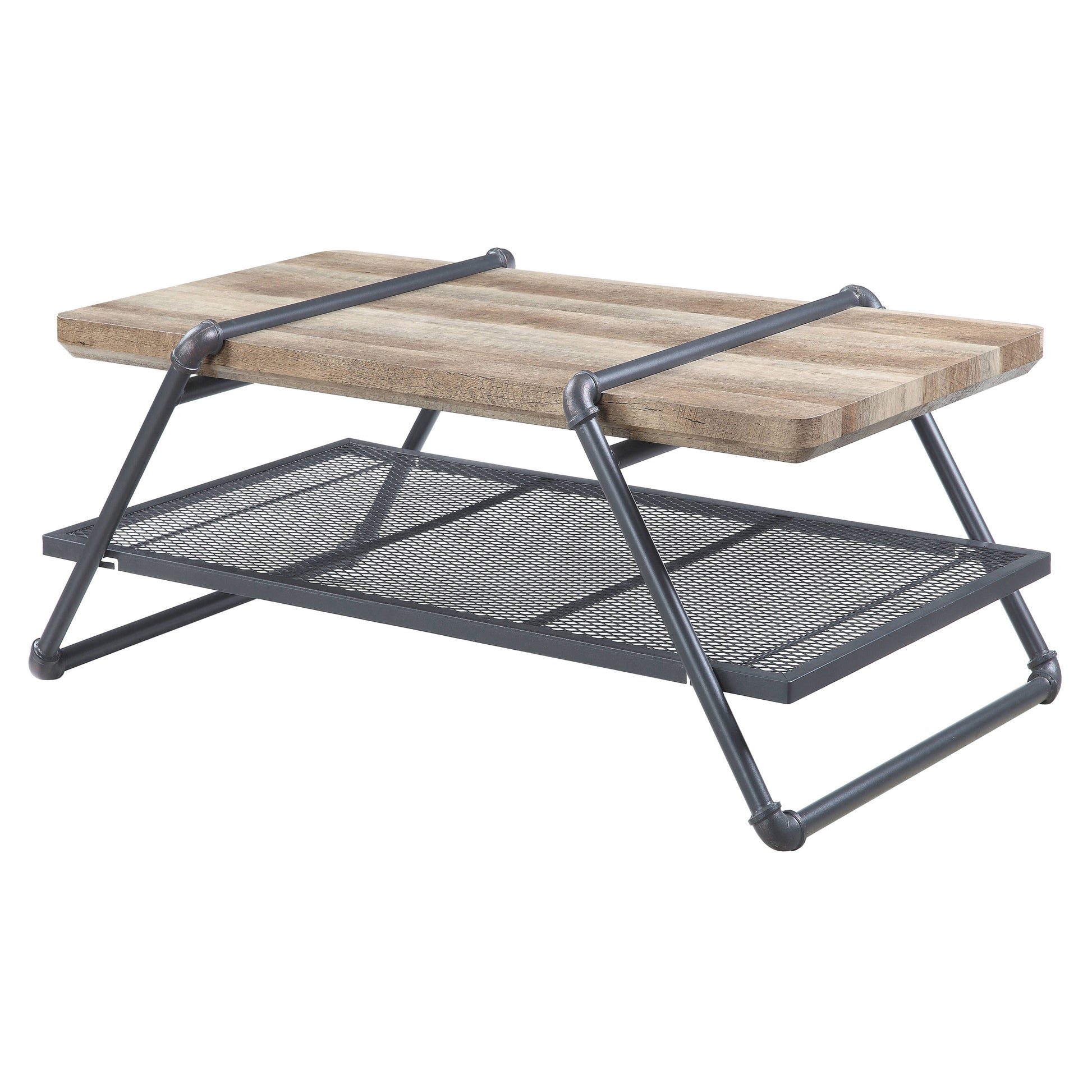 Industrial style coffee table with wood top and metal mesh shelf