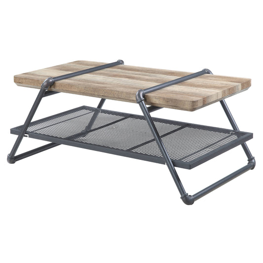 Industrial style coffee table with wood top and metal mesh shelf