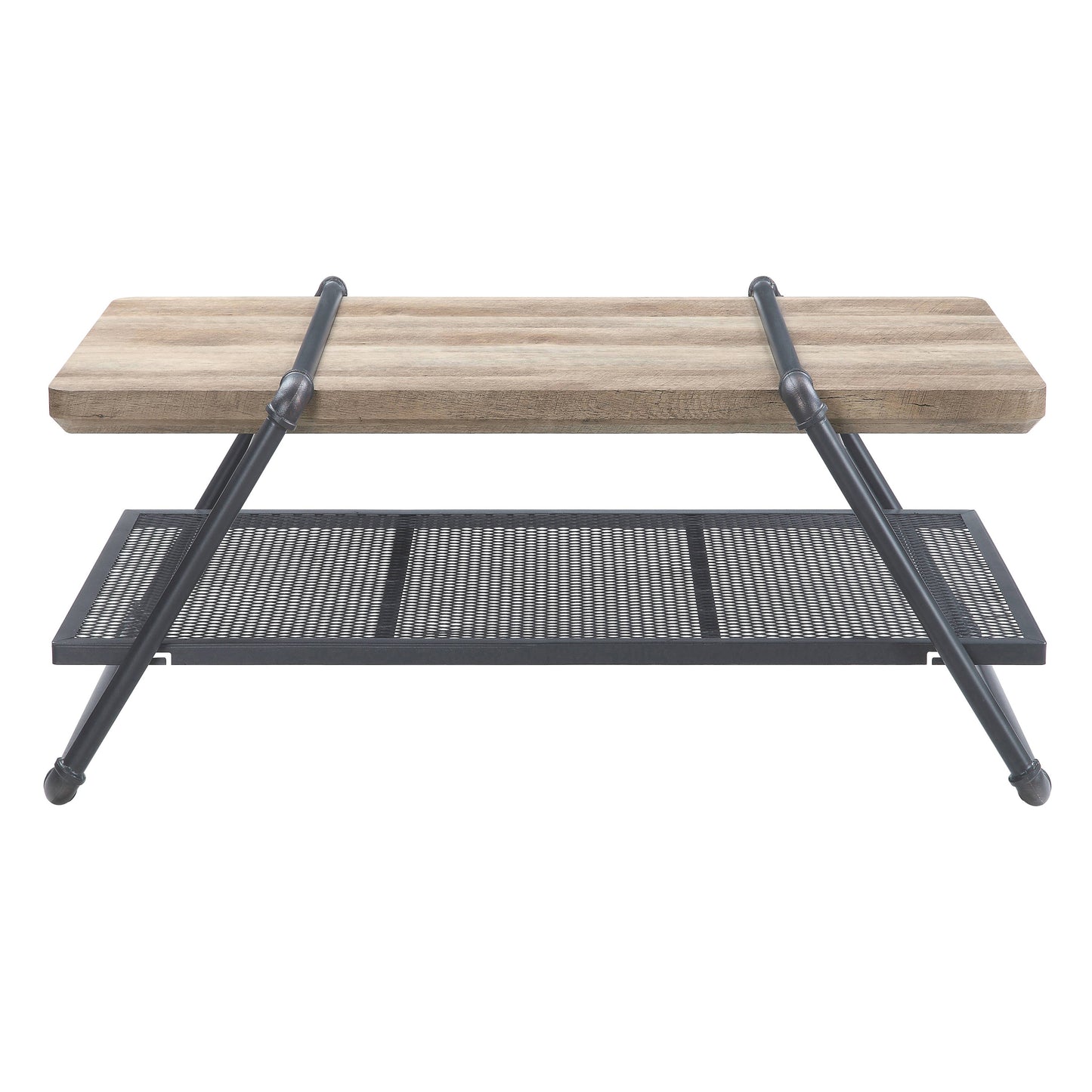 Rustic wood and metal coffee table with two shelves industrial design