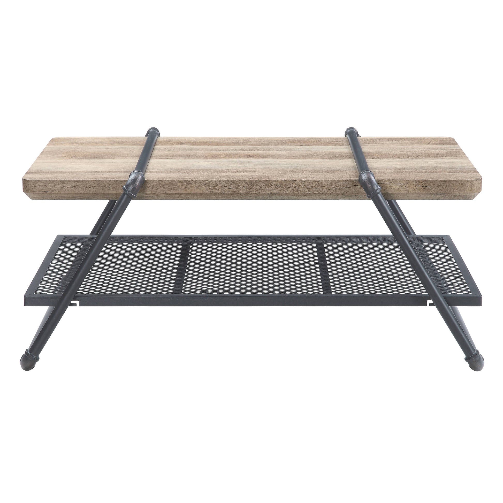 Rustic wood and metal coffee table with two shelves industrial design