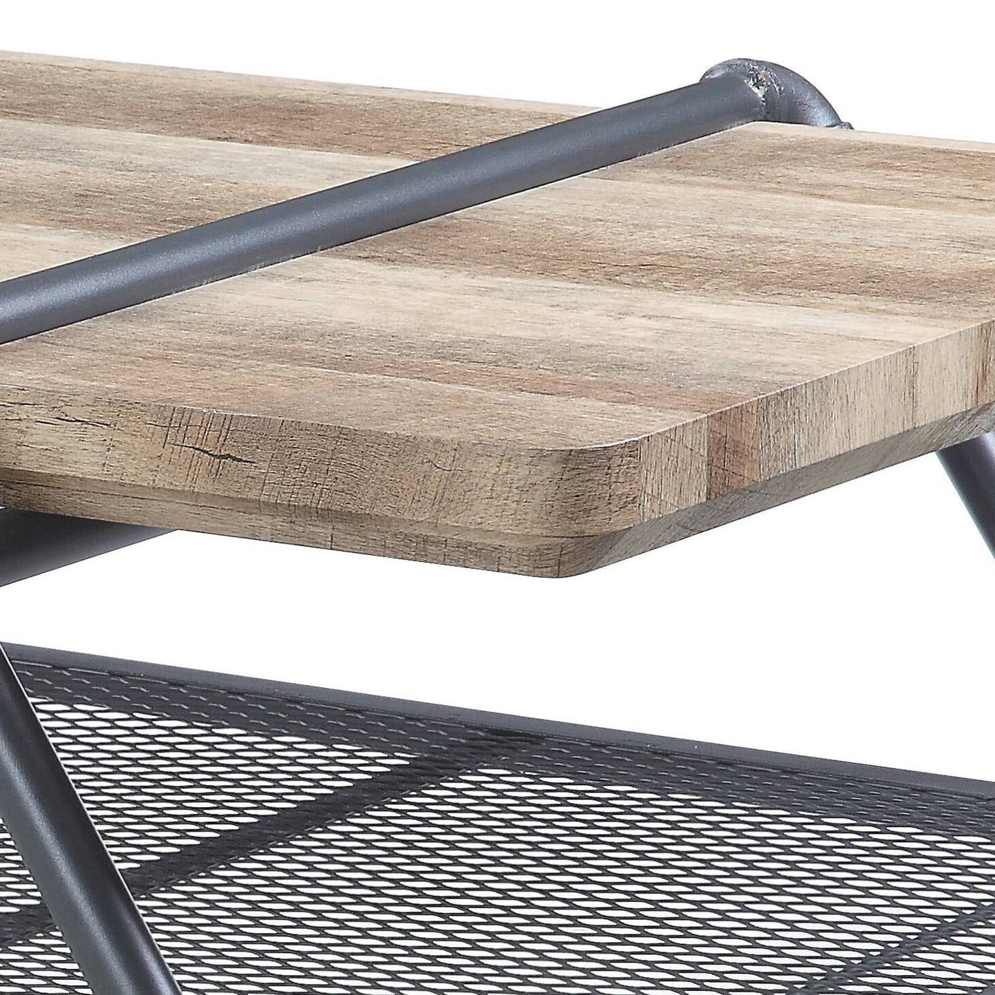 Rustic wood top bench with a metal mesh shelf and industrial pipe legs