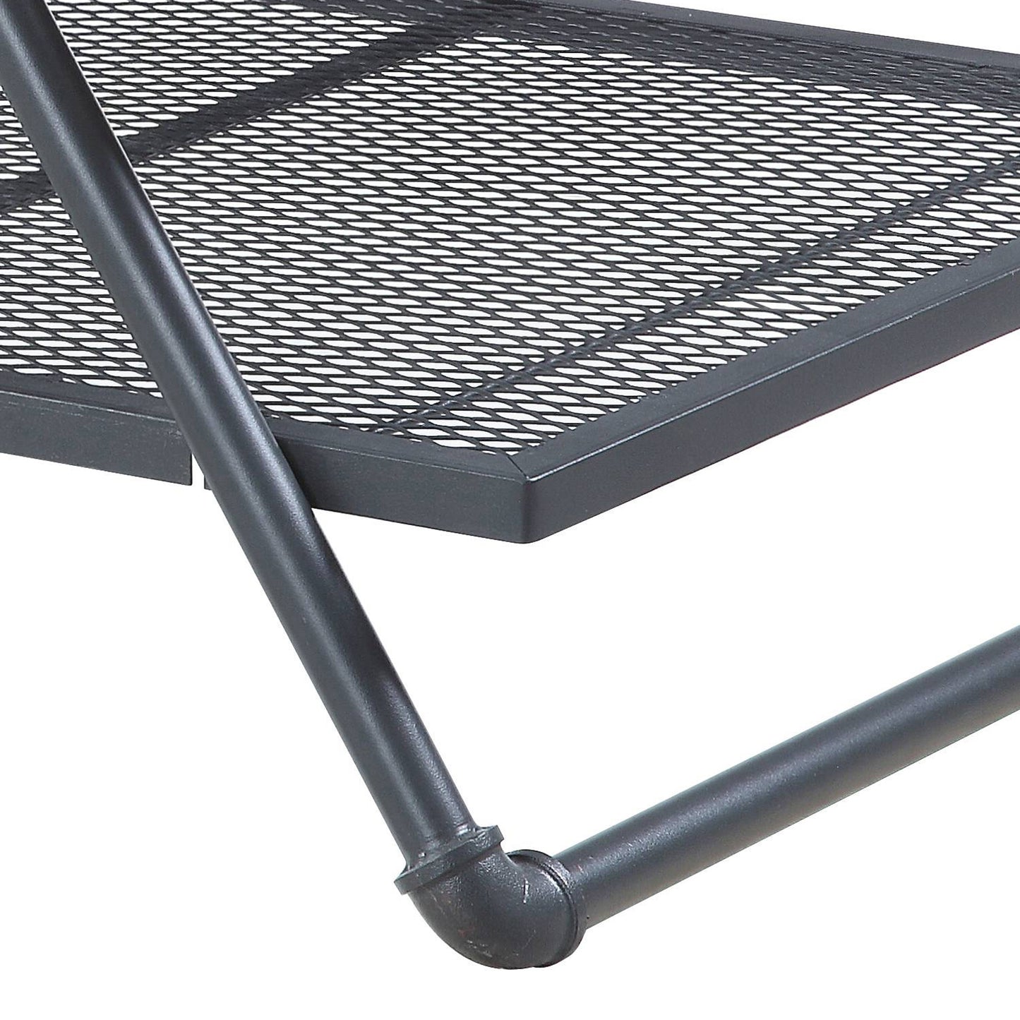 Dark gray metal shelving unit with a diamond mesh surface and pipestyle legs
