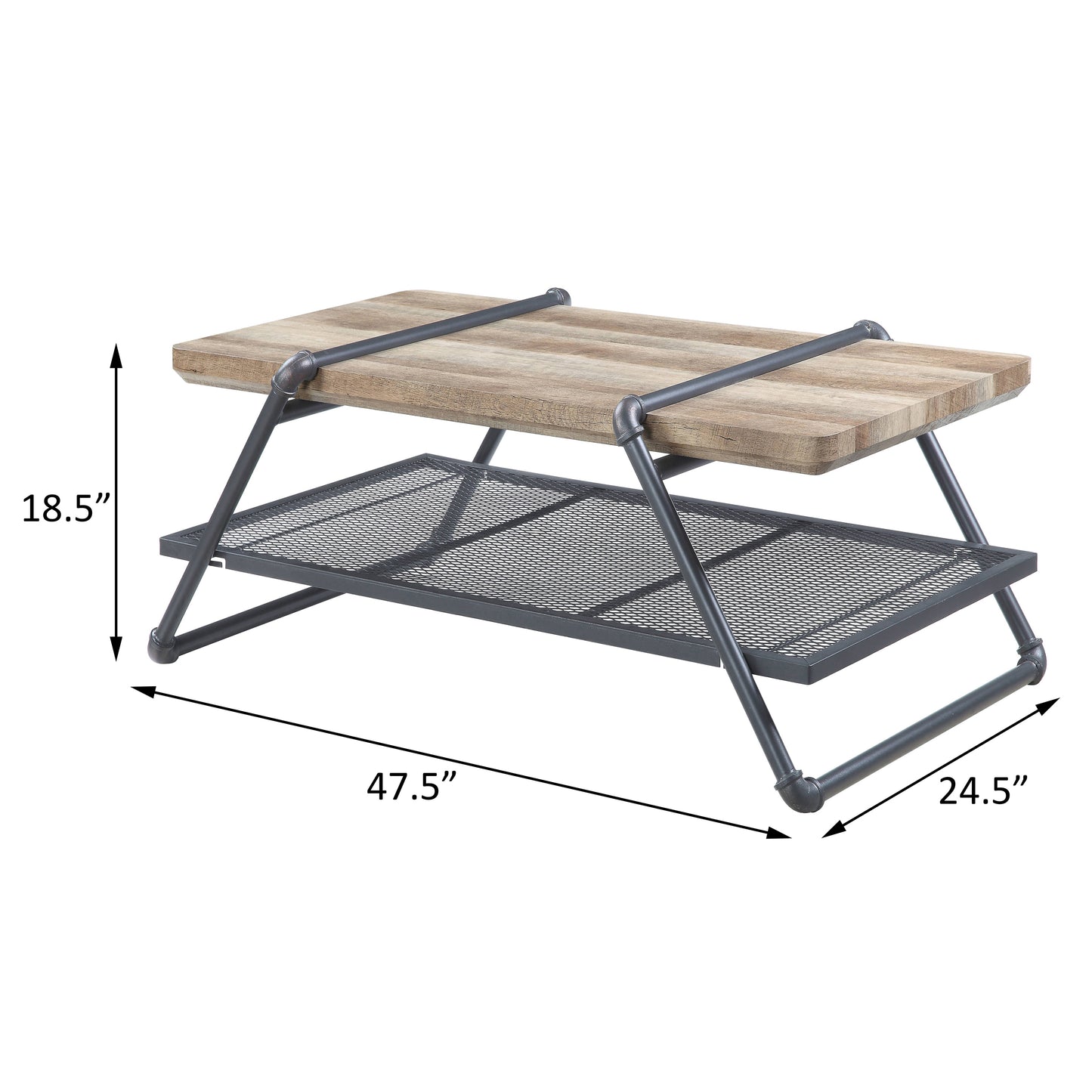 Industrial coffee table with rustic wood top and black metal mesh shelf
