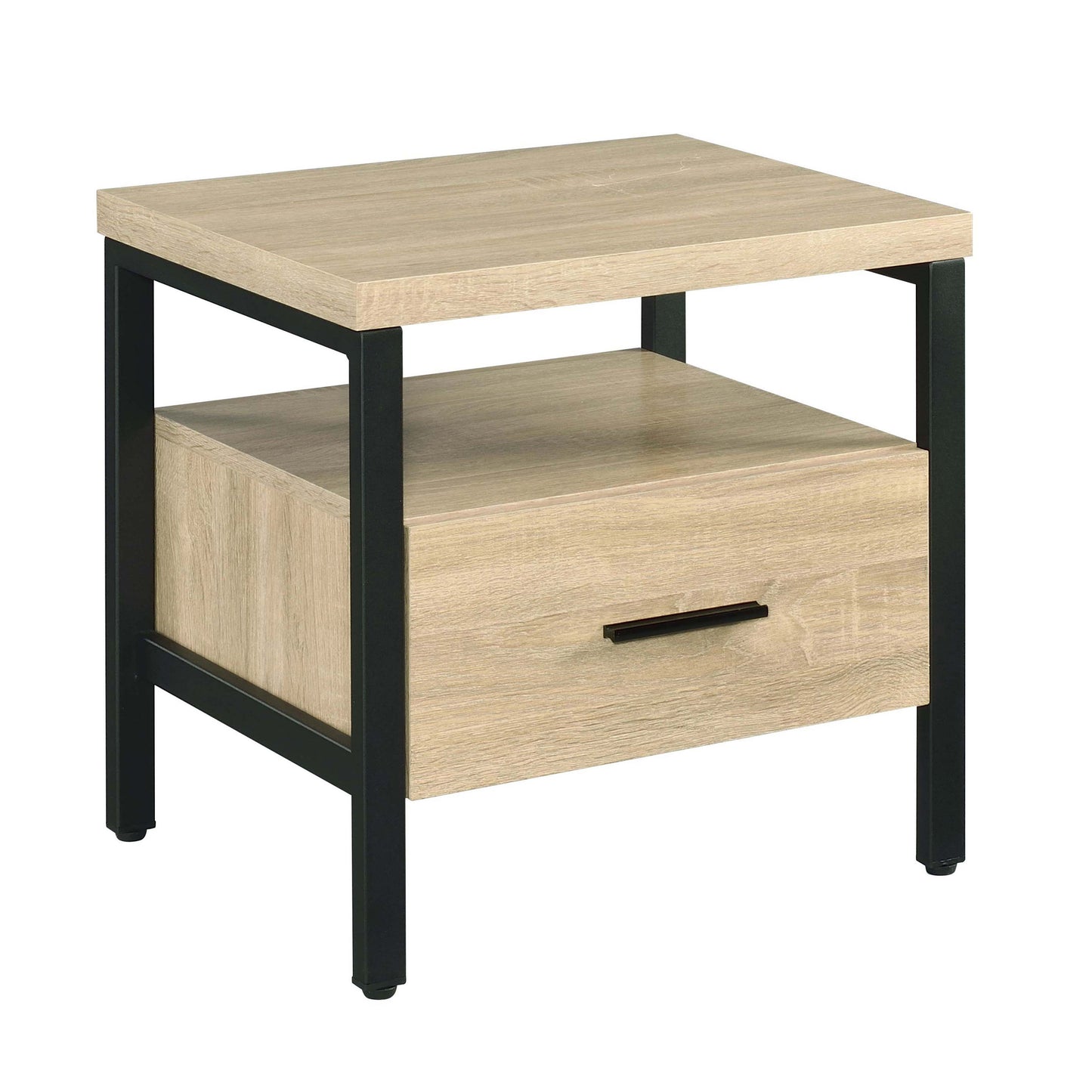Light wood finish end table with black metal frame and drawer