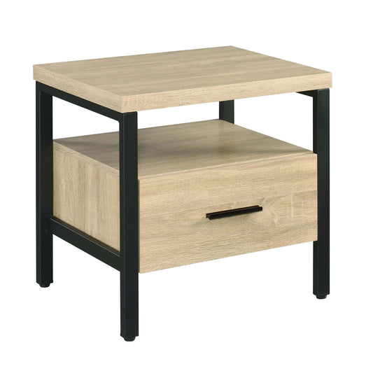 Light wood finish end table with black metal frame and drawer