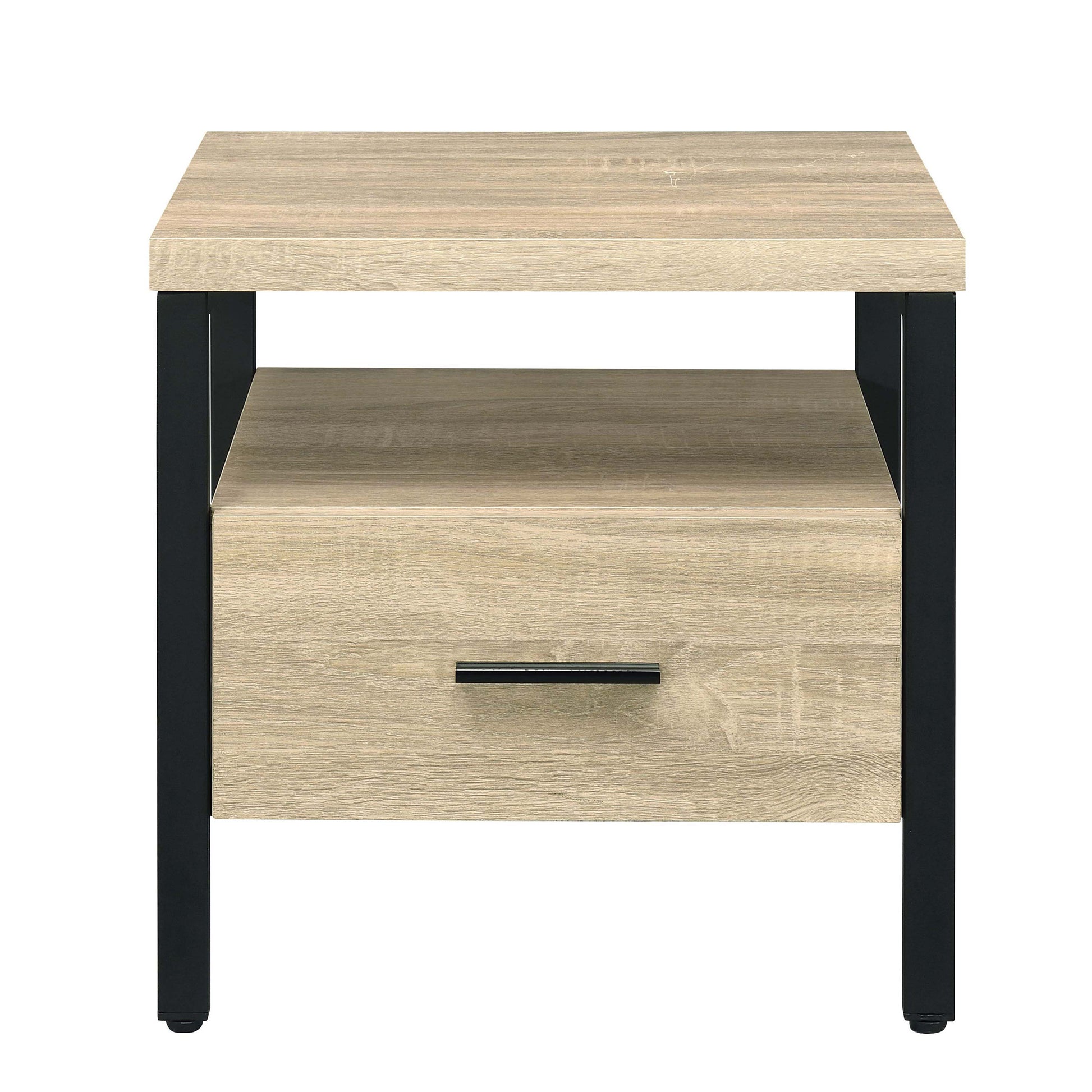 Modern nightstand with light oak veneer and black metal frame featuring one drawer