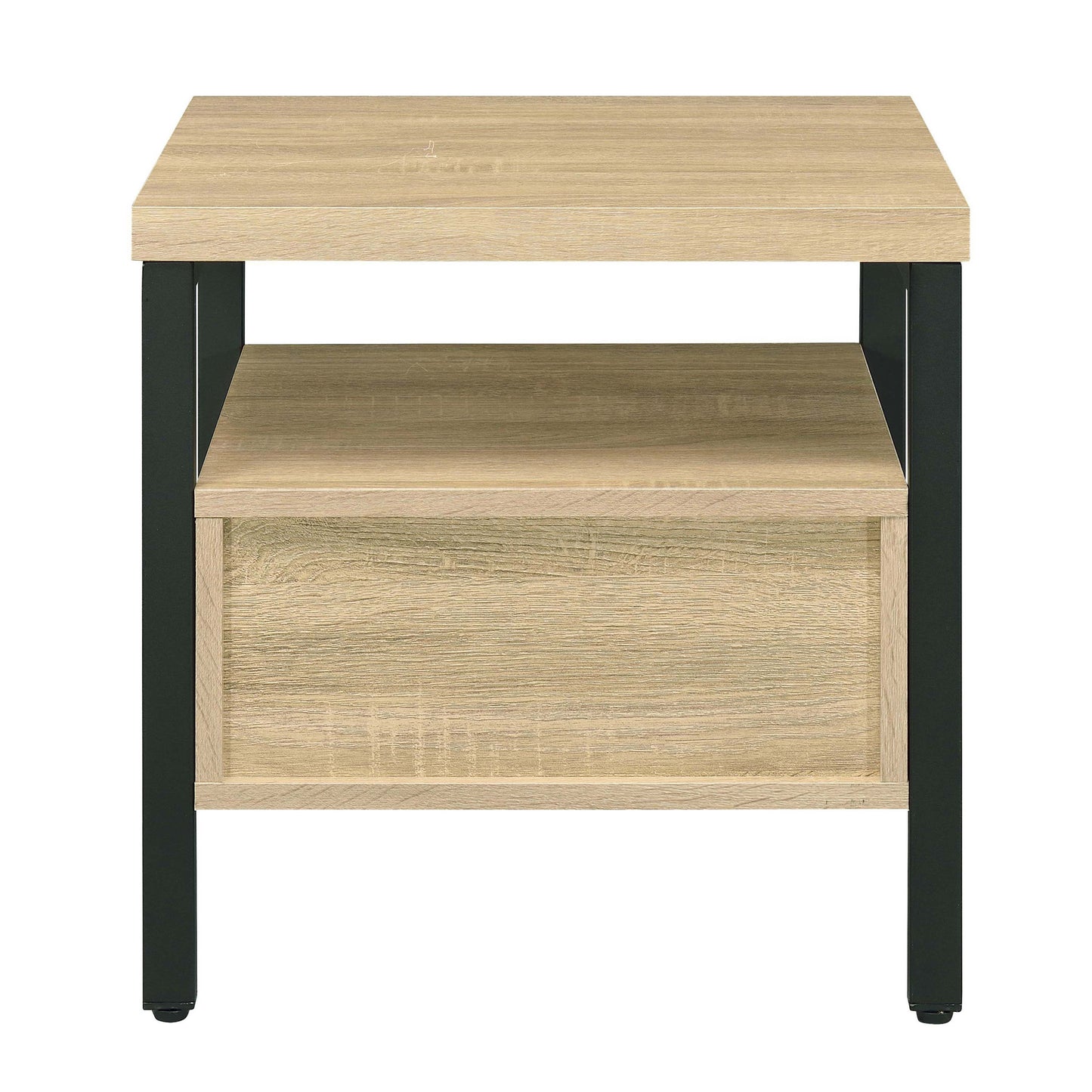 Modern twotier side table with light oak finish and black metal frame