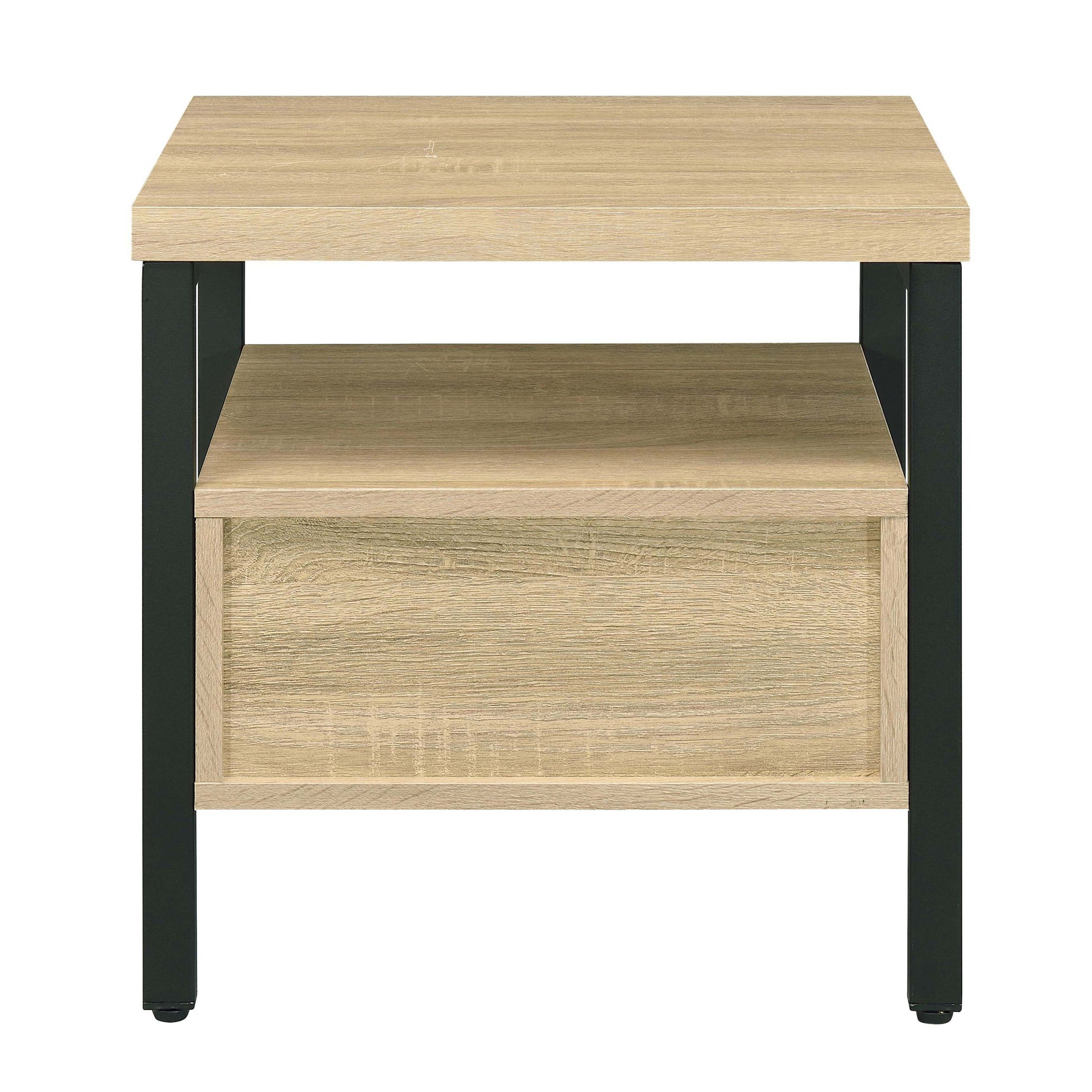 Modern twotier side table with light oak finish and black metal frame