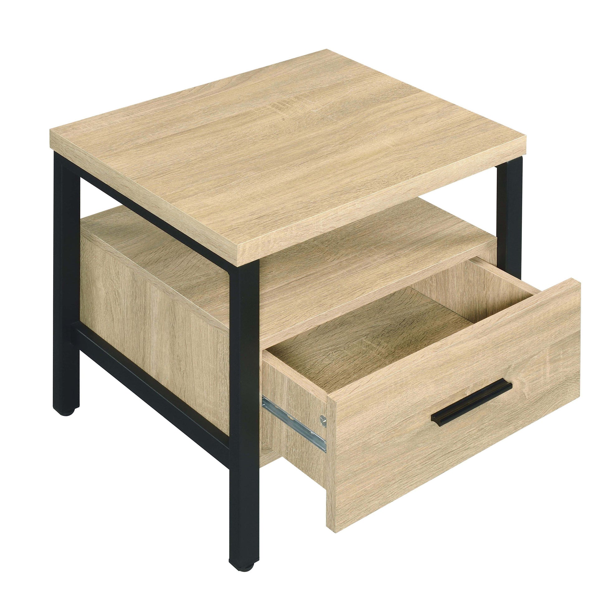 Light oak wood end table with one open drawer and black metal frame