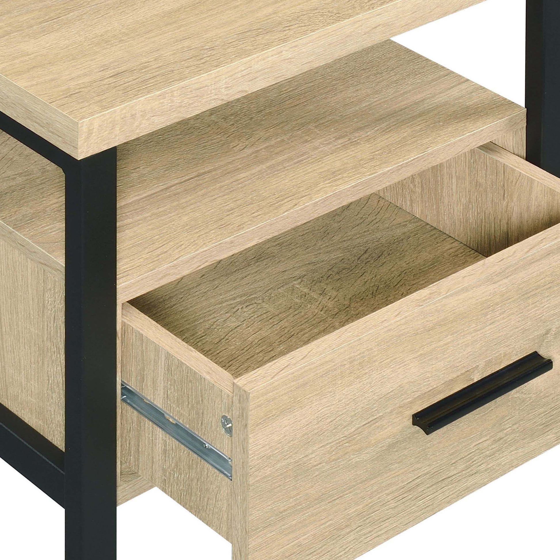 Light oak wood bedside table with open drawer and black metal frame