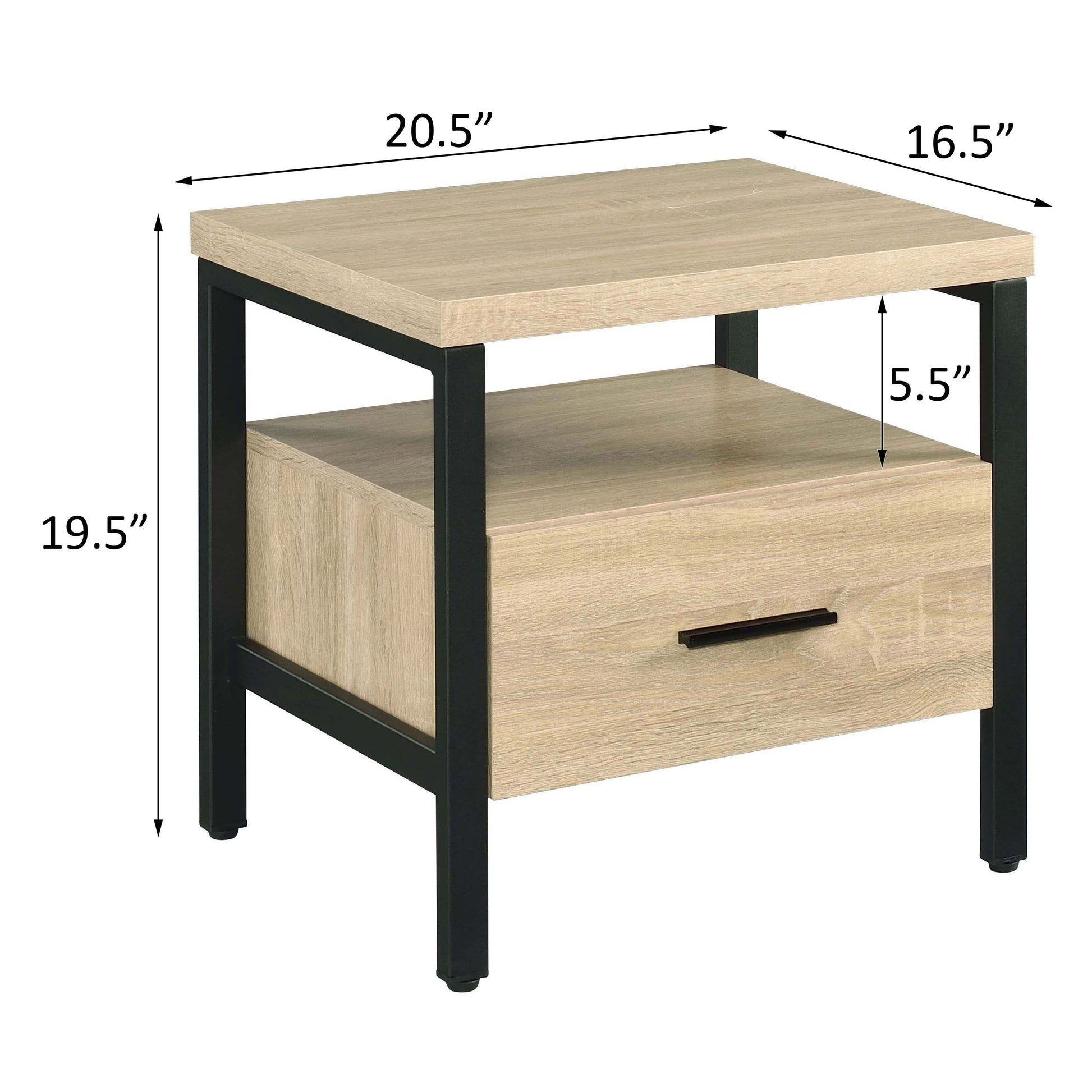 Modern oak wood and black metal end table with one drawer and open shelf