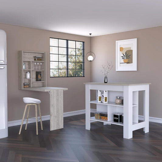Compact dropleaf kitchen island with storage shelves and a white stool