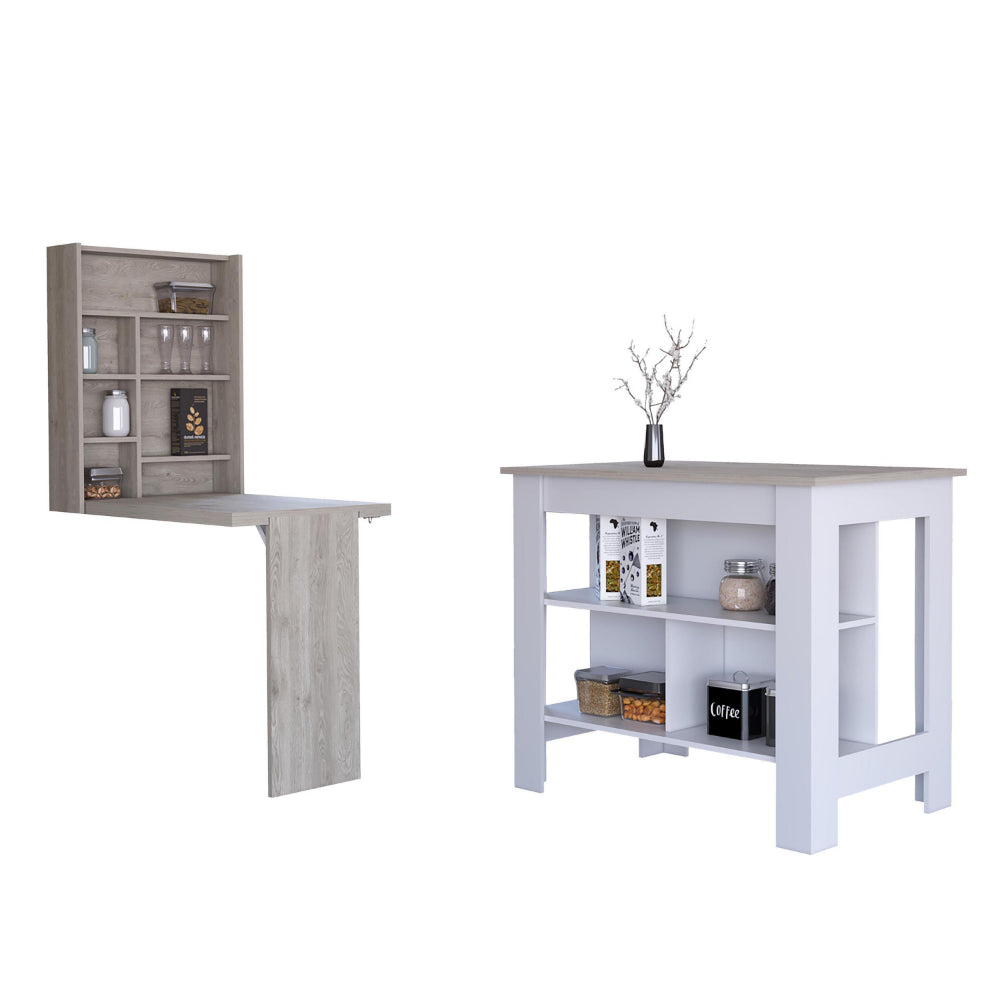 Foldable dining table with wallmounted shelf unit in weathered oak finish
