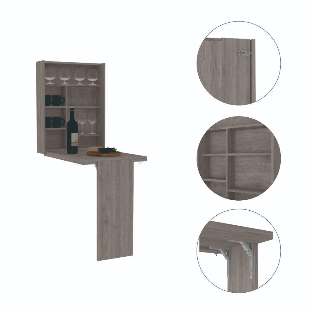 Grey wood wallmounted folding table with shelves displaying wine glasses and mugs