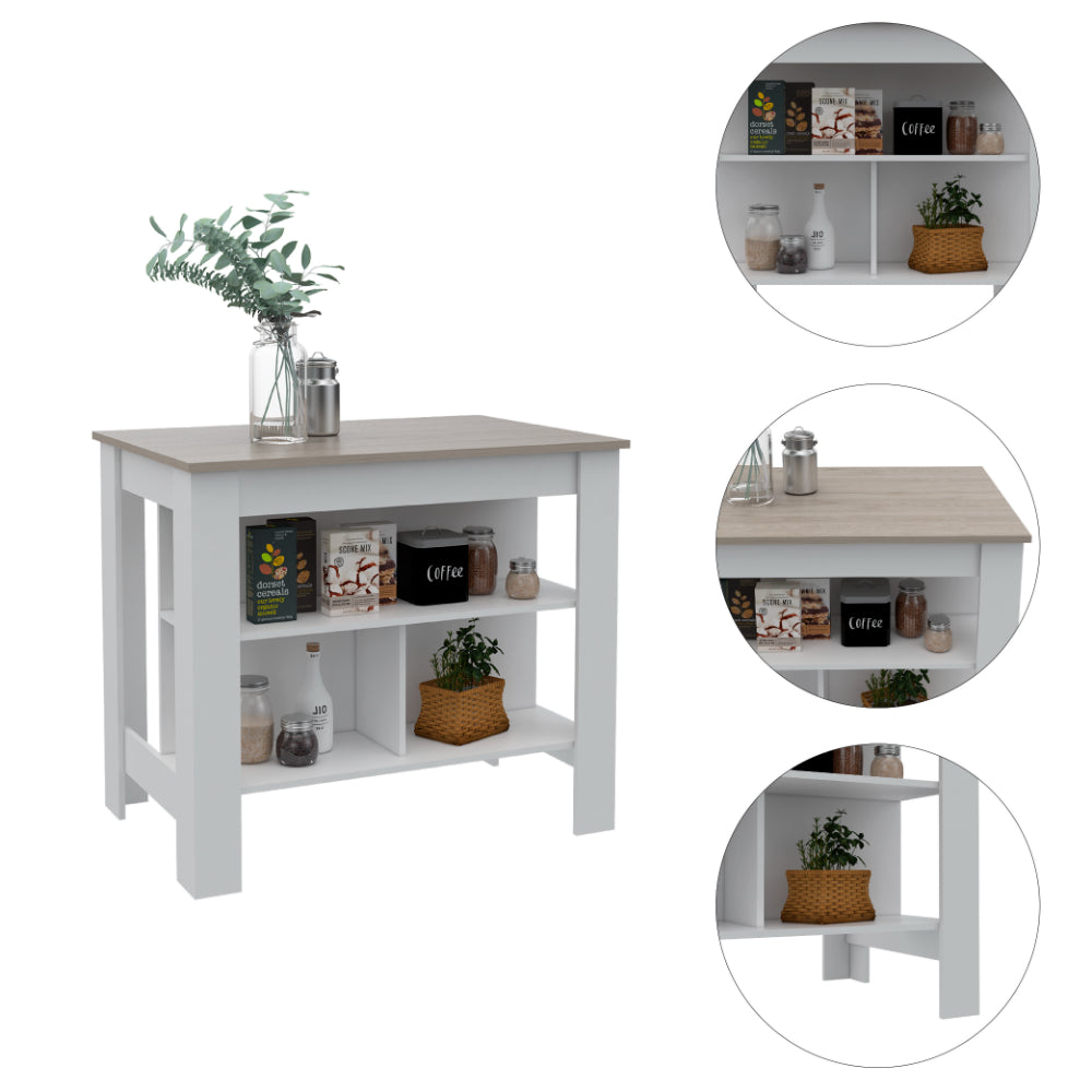 White and wood kitchen island with open shelving ideal for compact spaces