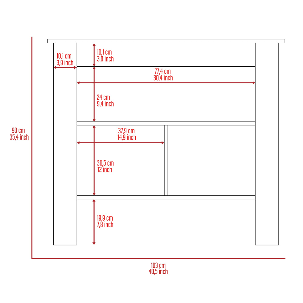 Dimensional drawing of a console table showing height cm width cm and shelf depths