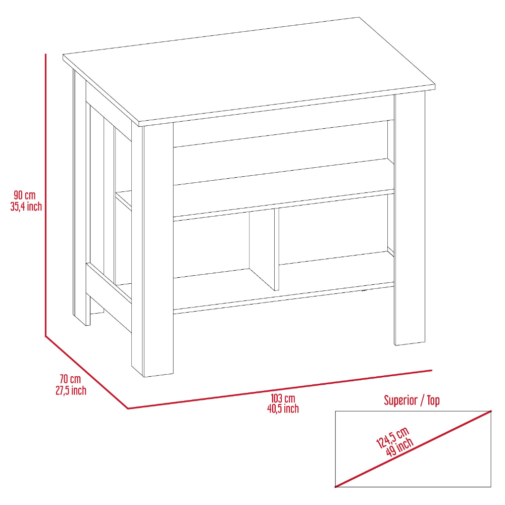 Wooden island table with open shelving  cm wide