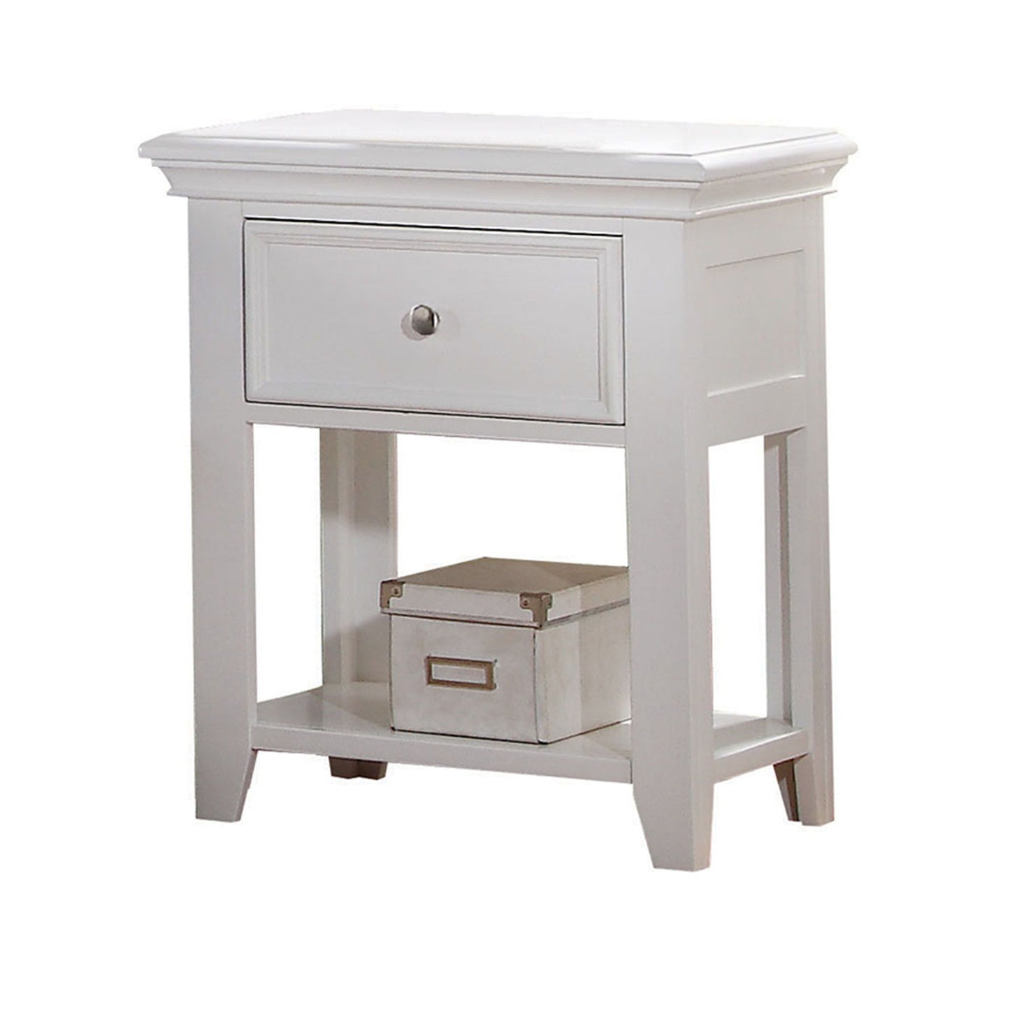 White wooden bedside table with a single drawer and open shelf