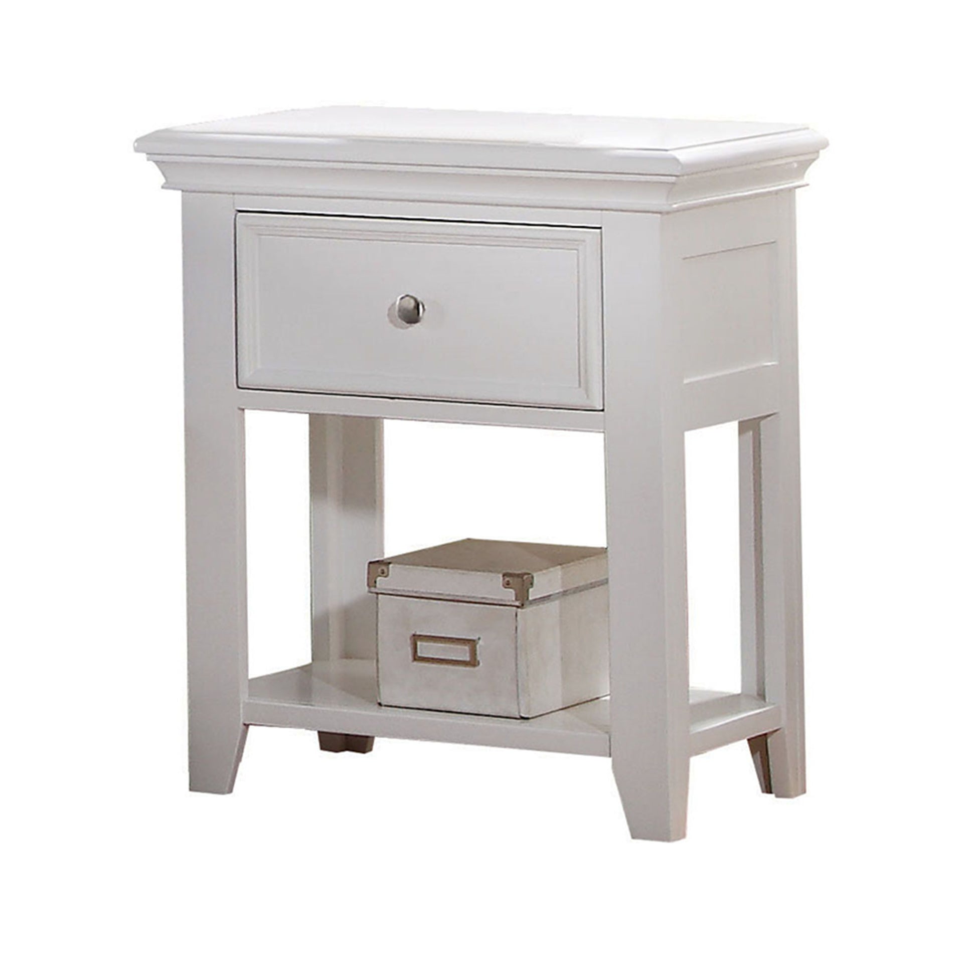 White wooden bedside table with a single drawer and open shelf