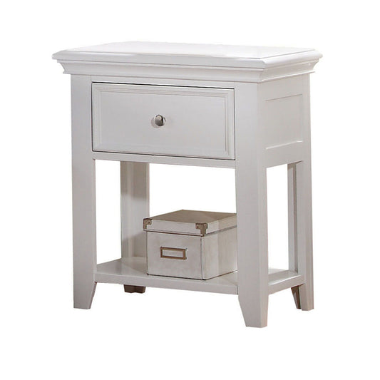 White wooden bedside table with a single drawer and open shelf