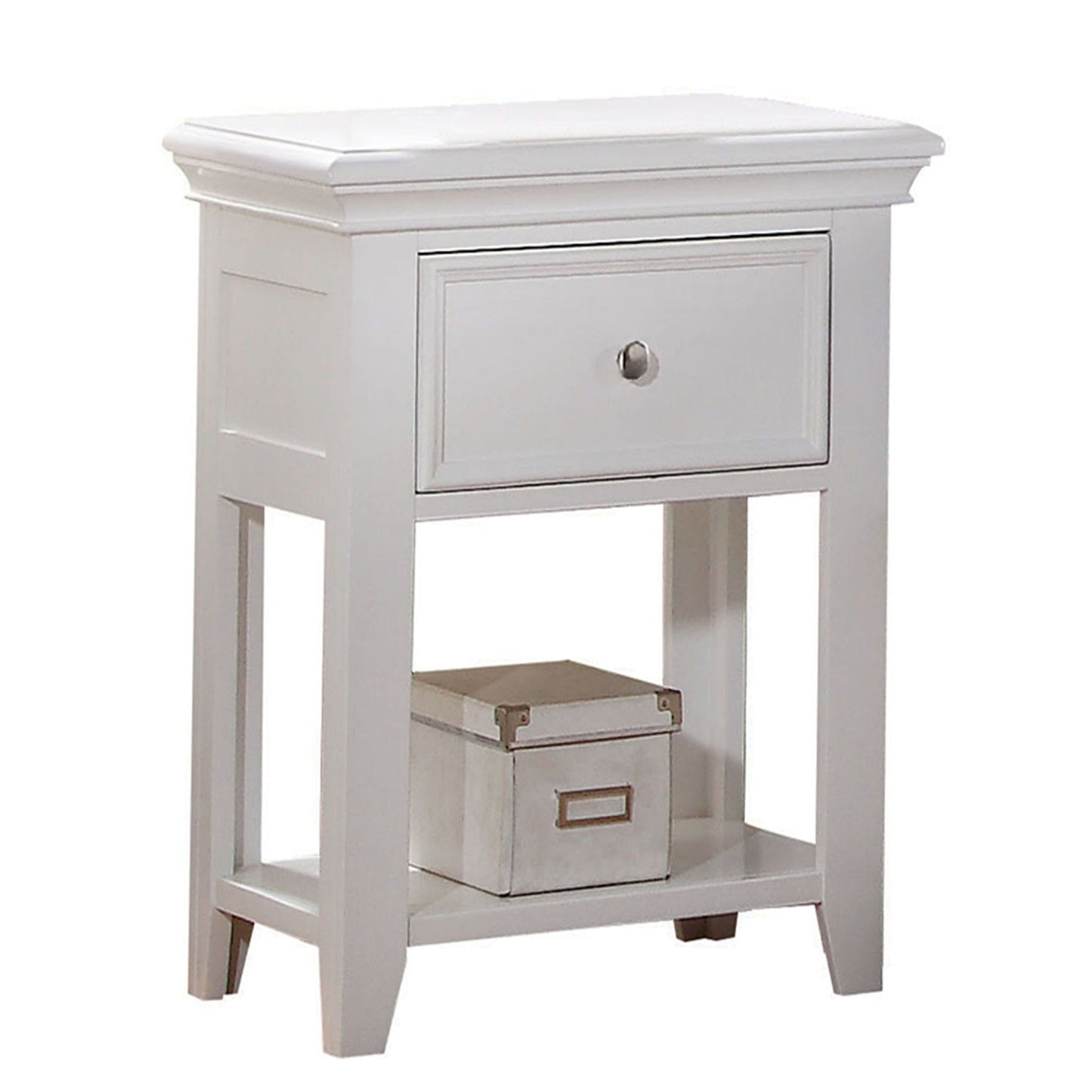 Classic white wood nightstand with single drawer and open shelf for bedroom storage