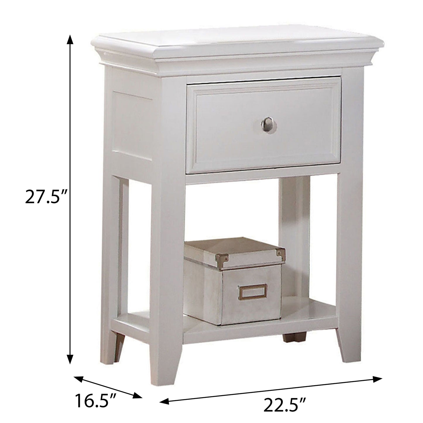 White wooden bedside table with one drawer and open shelf